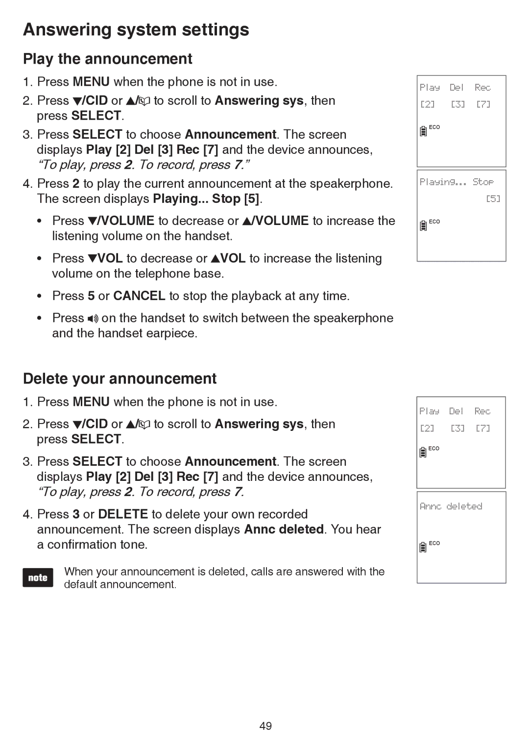 VTech cs6858-3, CS6859-2 user manual Play the announcement, Delete your announcement 