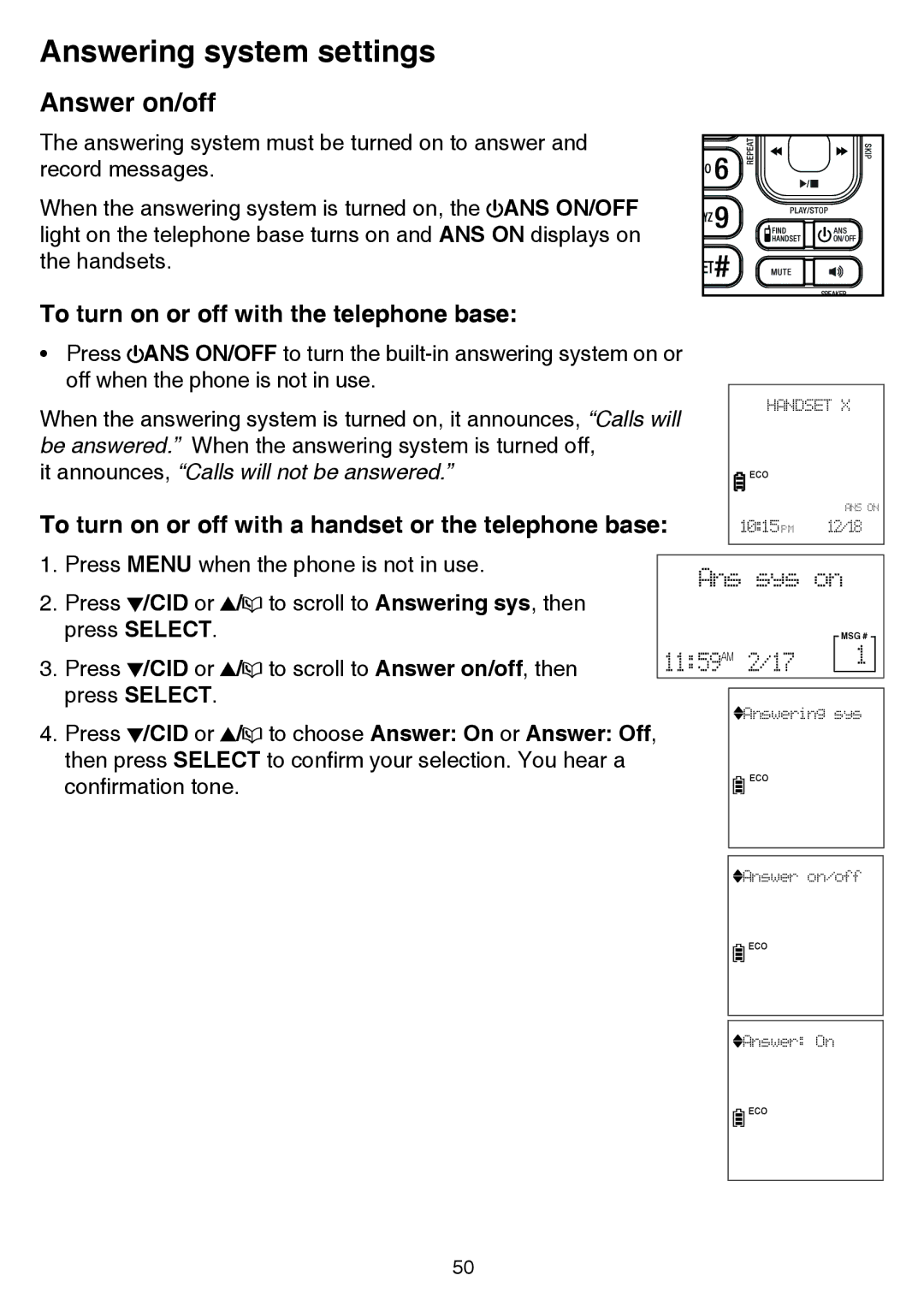 VTech CS6859-2, cs6858-3 user manual Answer on/off, To turn on or off with the telephone base, CID or 