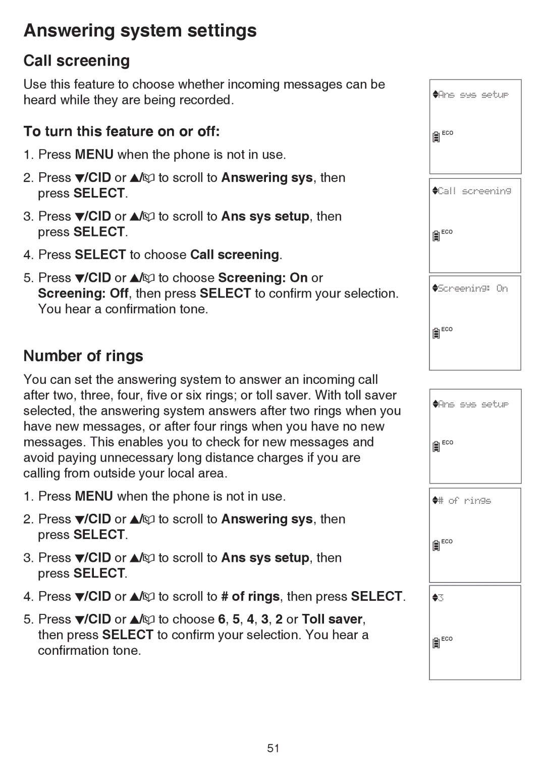 VTech CS6859-2, cs6858-3 Number of rings, To turn this feature on or off, Press Select to choose Call screening 