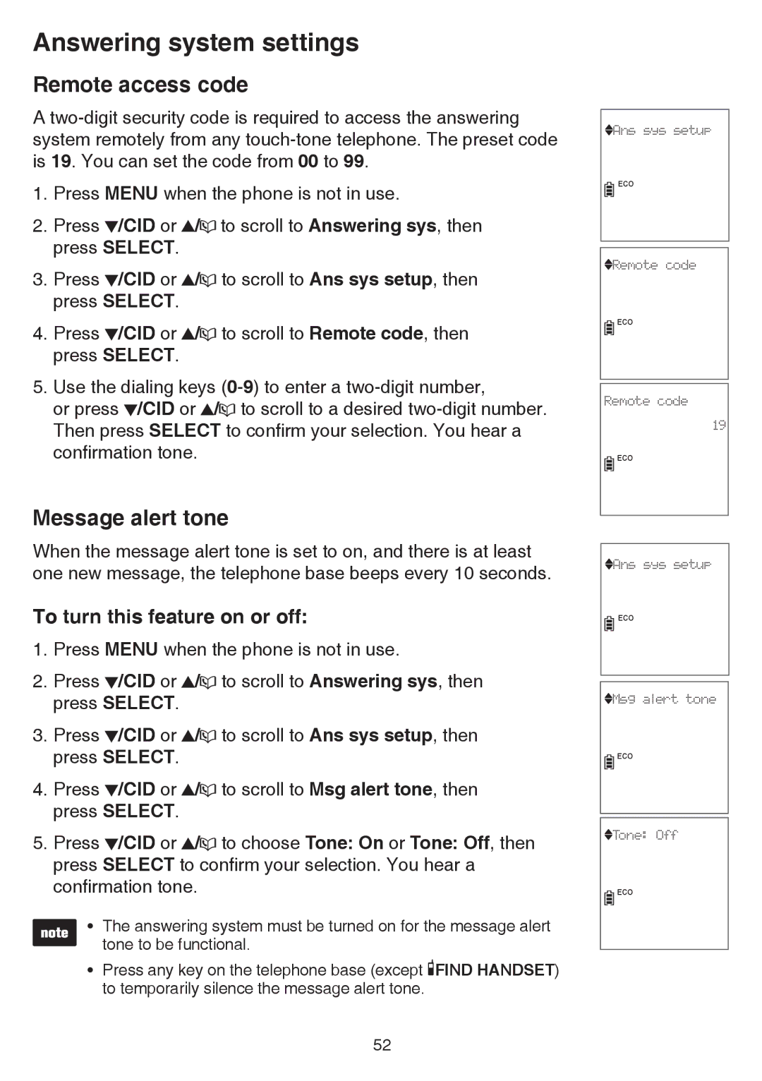 VTech cs6858-3, CS6859-2 user manual Remote access code, Message alert tone 