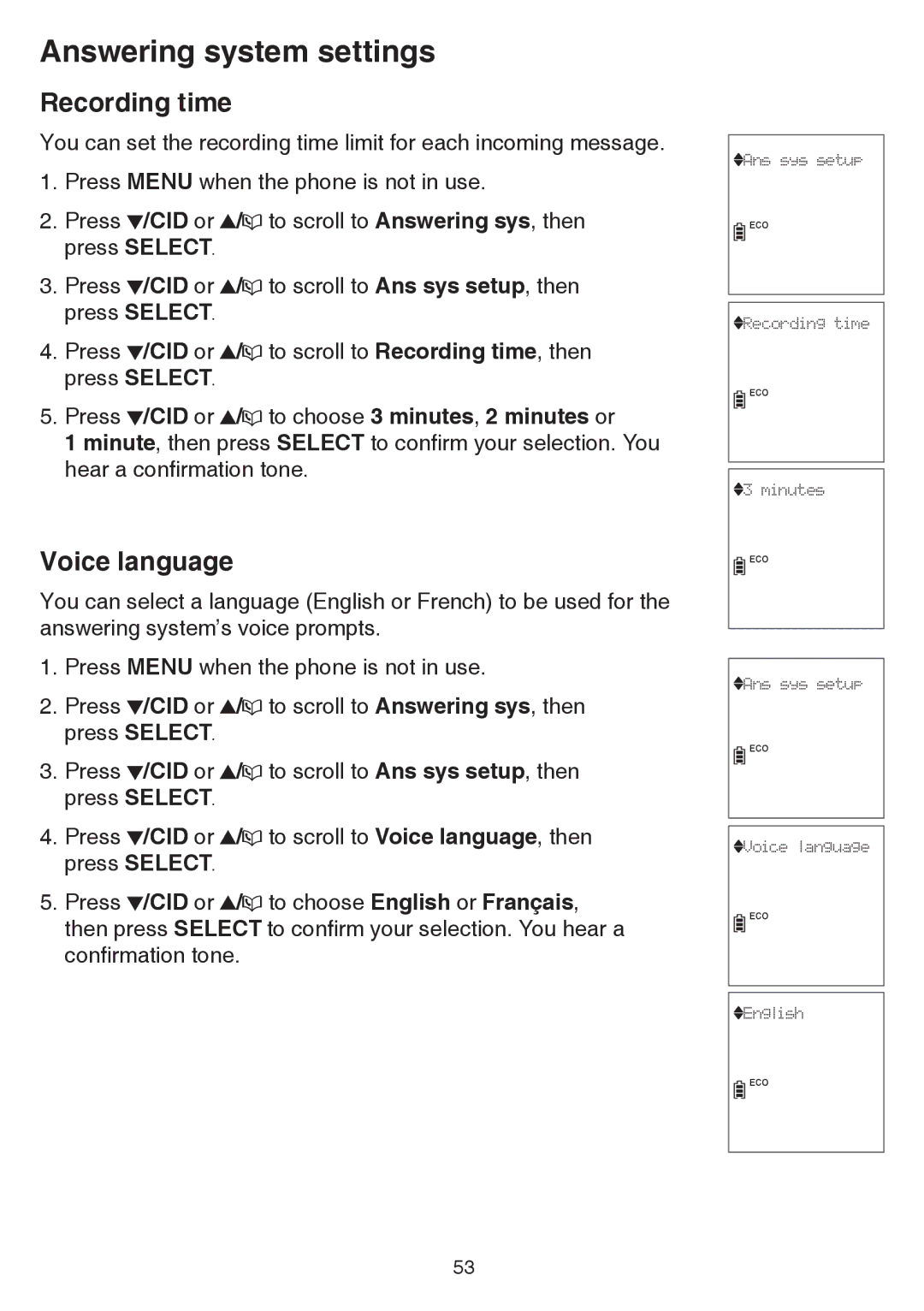 VTech CS6859-2, cs6858-3 user manual Recording time, Voice language, Press /CID or / to choose 3 minutes, 2 minutes or 