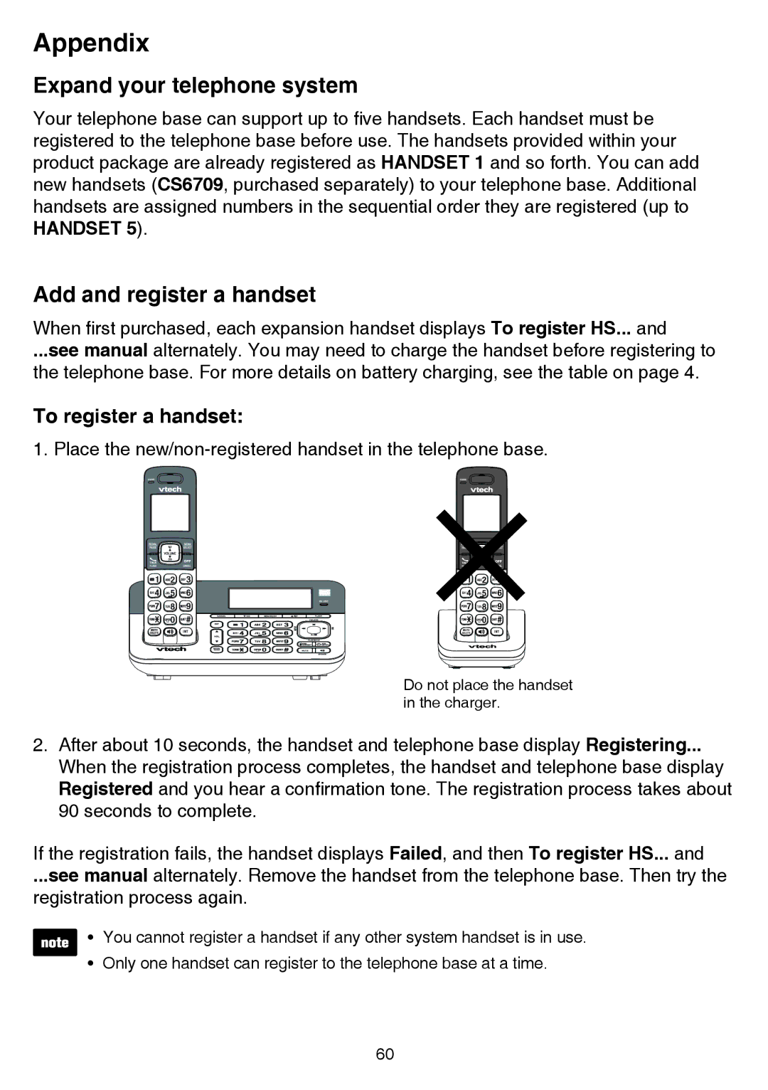 VTech CS6859-2, cs6858-3 Appendix, Expand your telephone system, Add and register a handset, To register a handset 