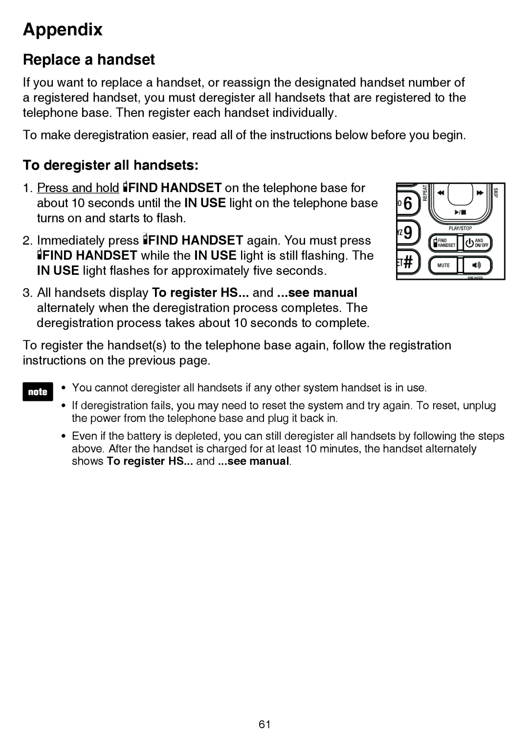 VTech cs6858-3, CS6859-2 user manual Replace a handset, To deregister all handsets 