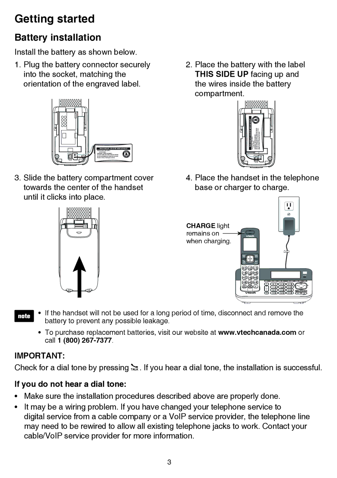 VTech CS6859-2, cs6858-3 user manual Battery installation, If you do not hear a dial tone 