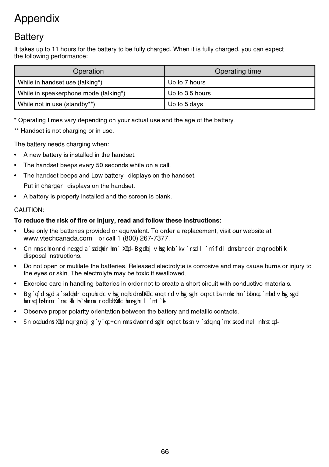 VTech CS6859-2, cs6858-3 user manual Battery, Operation Operating time 