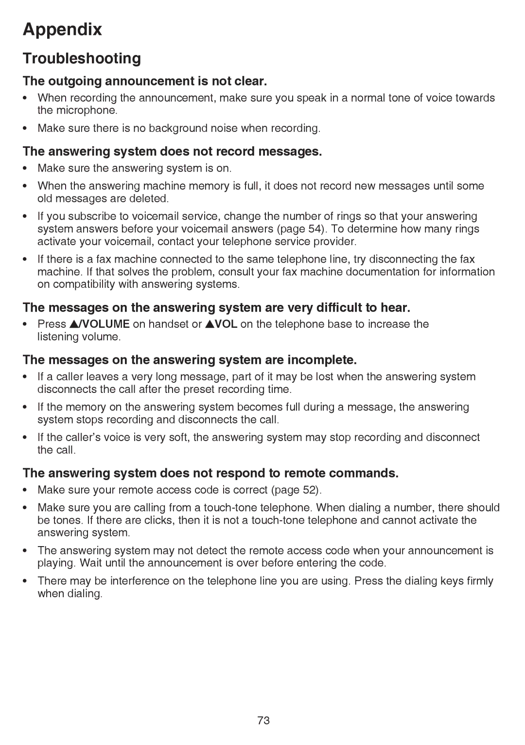 VTech cs6858-3, CS6859-2 user manual Outgoing announcement is not clear, Answering system does not record messages 