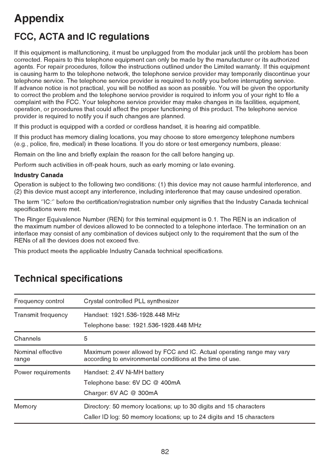 VTech cs6858-3, CS6859-2 user manual Technical specifications, Industry Canada 