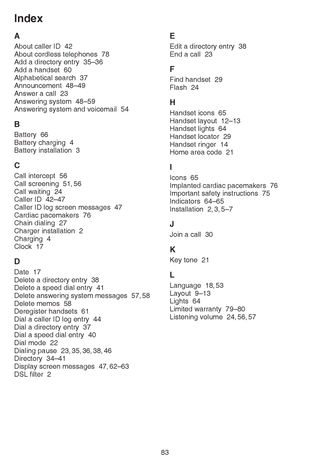 VTech CS6859-2, cs6858-3 user manual Index 