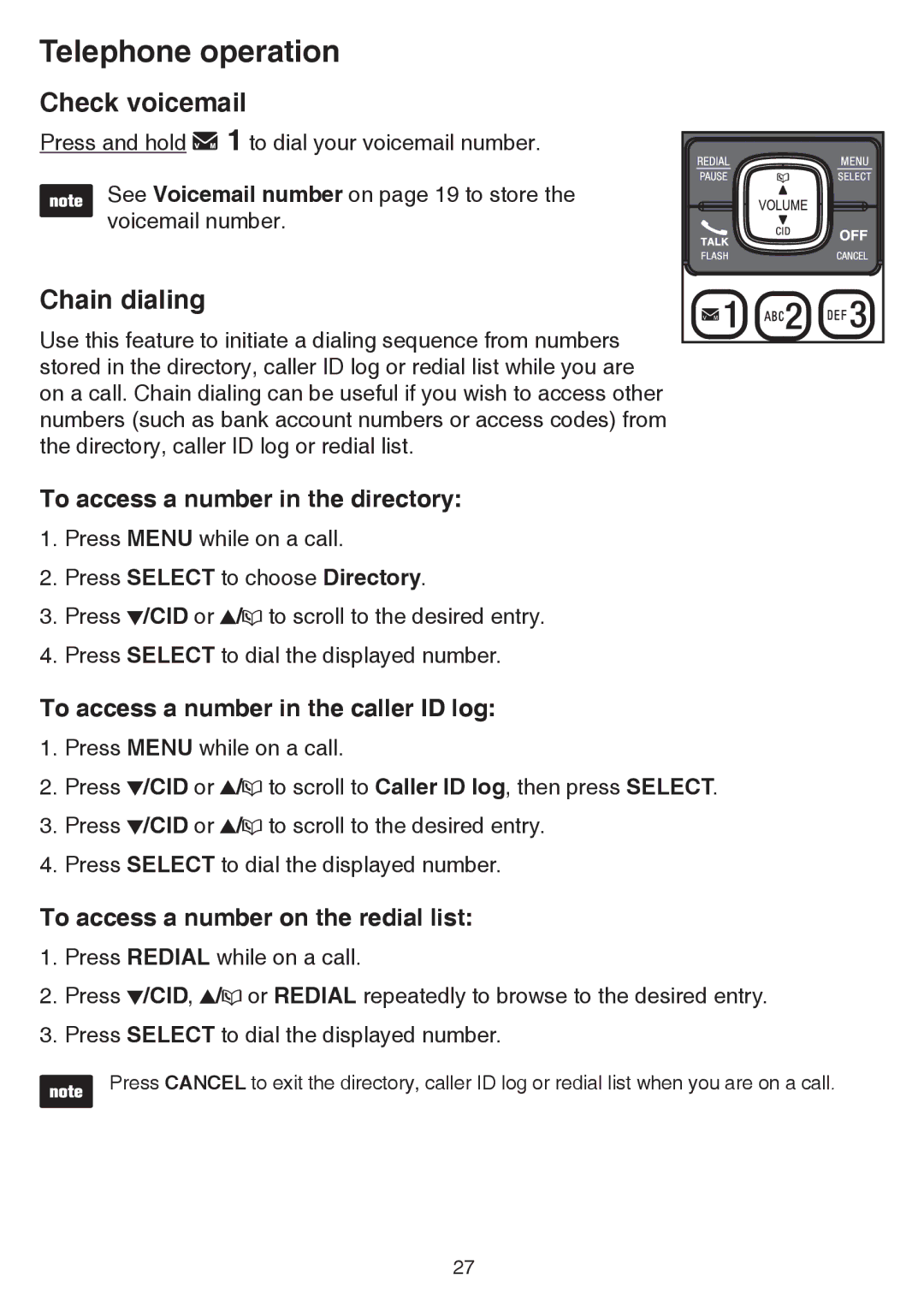 VTech CS6859 Check voicemail, Chain dialing, To access a number in the directory, To access a number in the caller ID log 