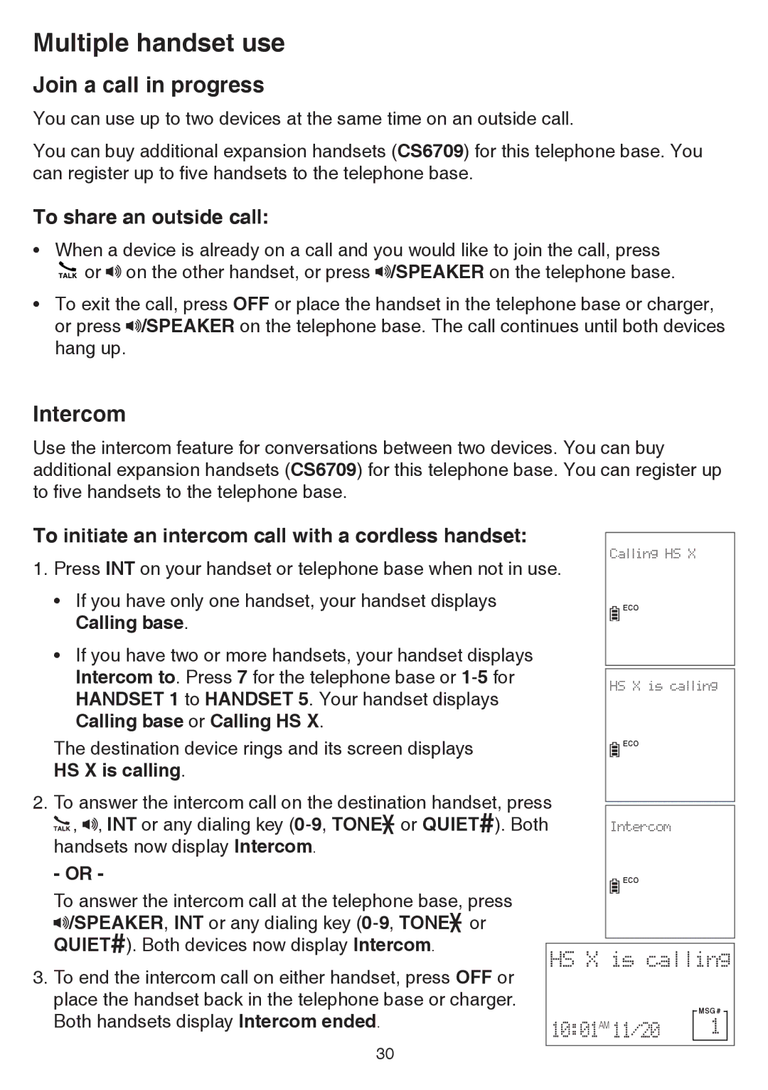 VTech CS6859-4, CS6859-3, CS6859-2 Multiple handset use, Join a call in progress, Intercom, To share an outside call 