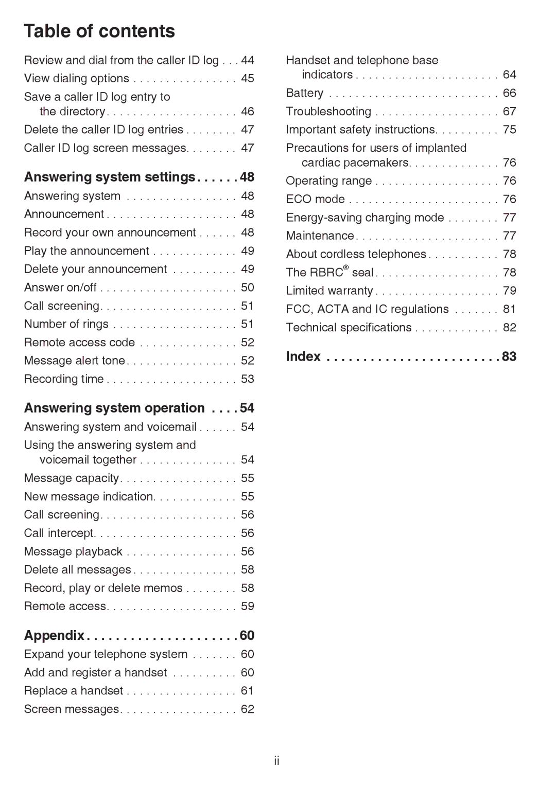 VTech CS6859-3, CS6859-2, CS6859-4 user manual Answering system settings, Answering system operation, Appendix, Index 