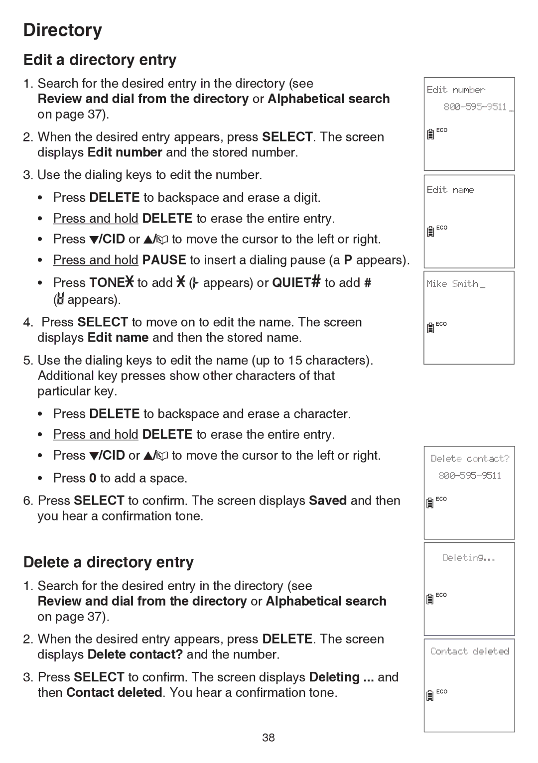 VTech CS6859-4, CS6859-3, CS6859-2 user manual Edit a directory entry, Delete a directory entry 