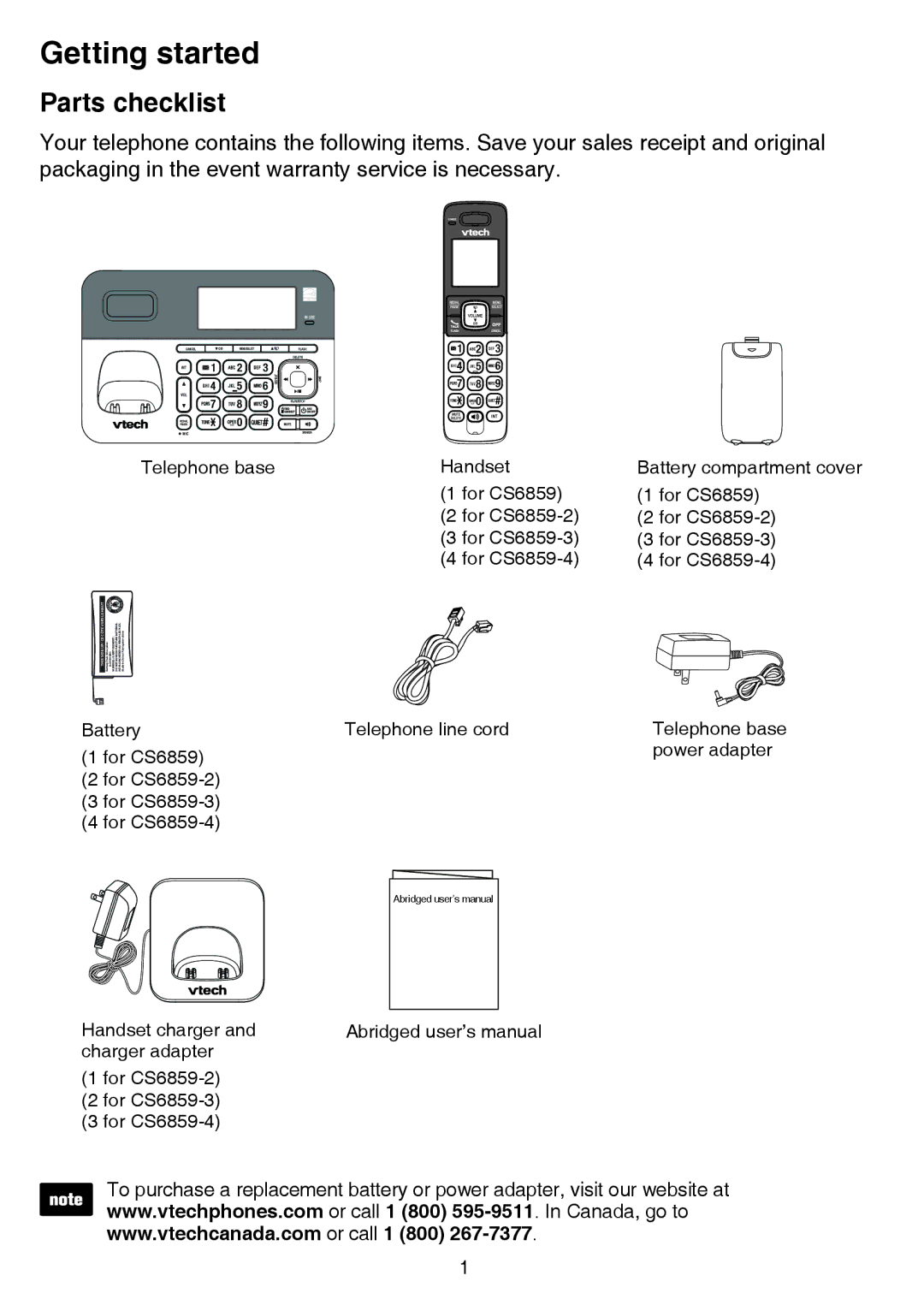 VTech CS6859-2, CS6859-3, CS6859-4 user manual Getting started, Parts checklist 