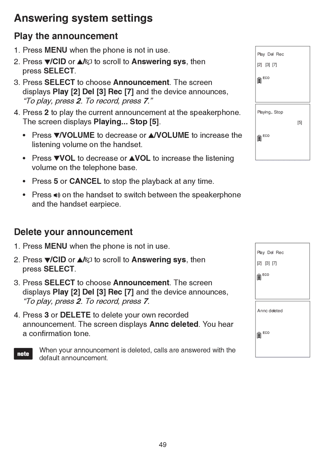 VTech CS6859-2, CS6859-3, CS6859-4 user manual Play the announcement, Delete your announcement 