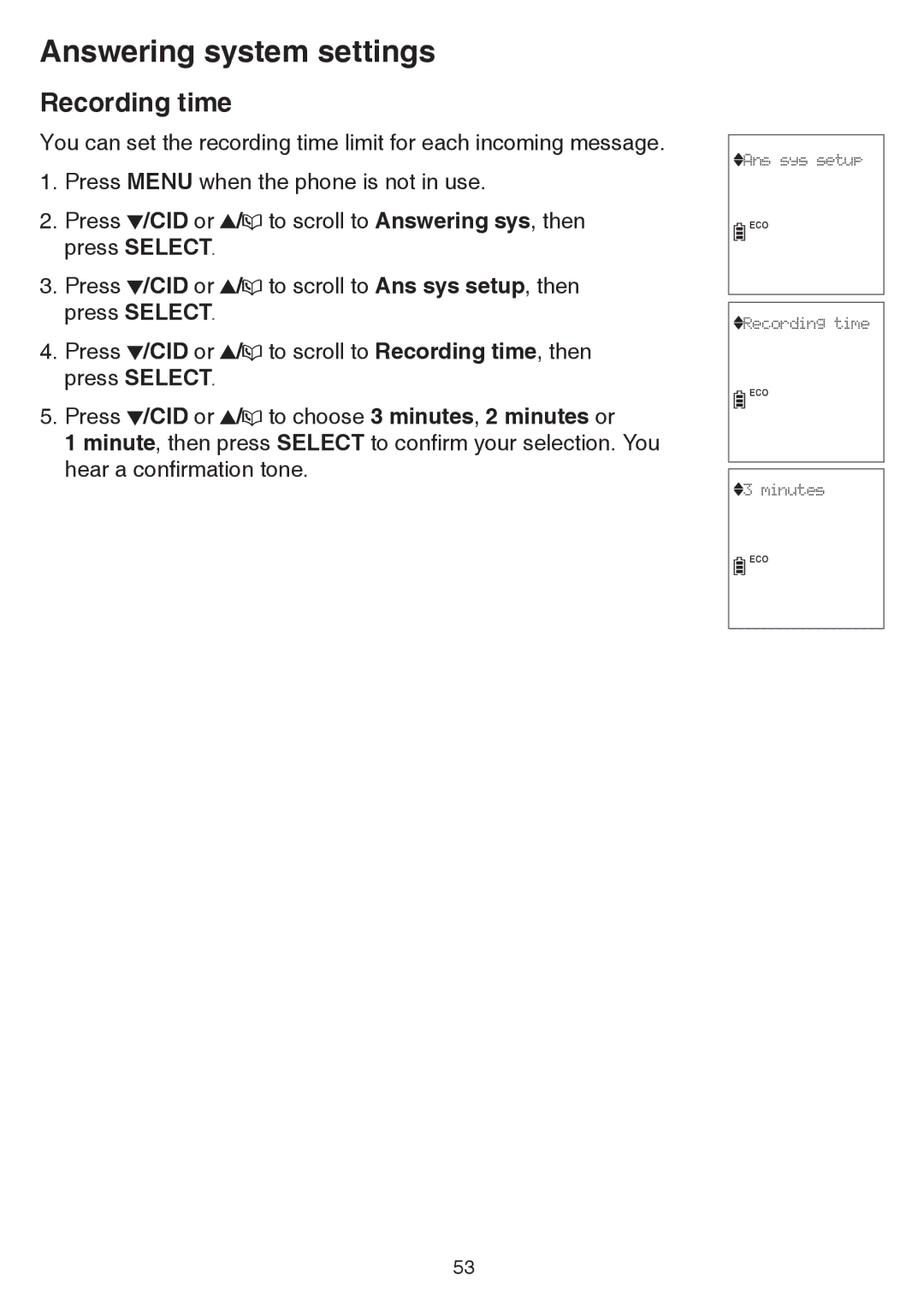 VTech CS6859-2, CS6859-3, CS6859-4 user manual Recording time, Press /CID or / to choose 3 minutes, 2 minutes or 