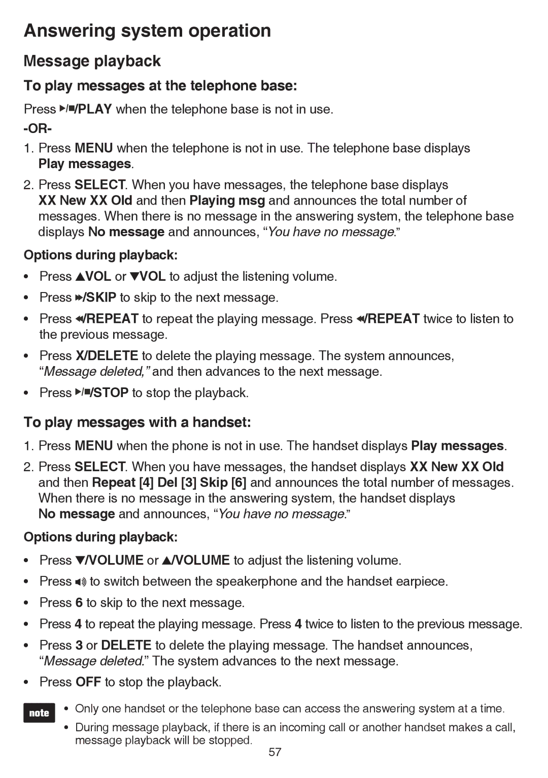 VTech CS6859-2, CS6859-3 To play messages at the telephone base, To play messages with a handset, Options during playback 