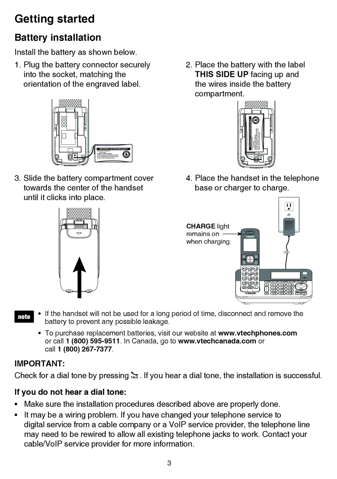 VTech CS6859-3, CS6859-2, CS6859-4 user manual Battery installation, If you do not hear a dial tone 