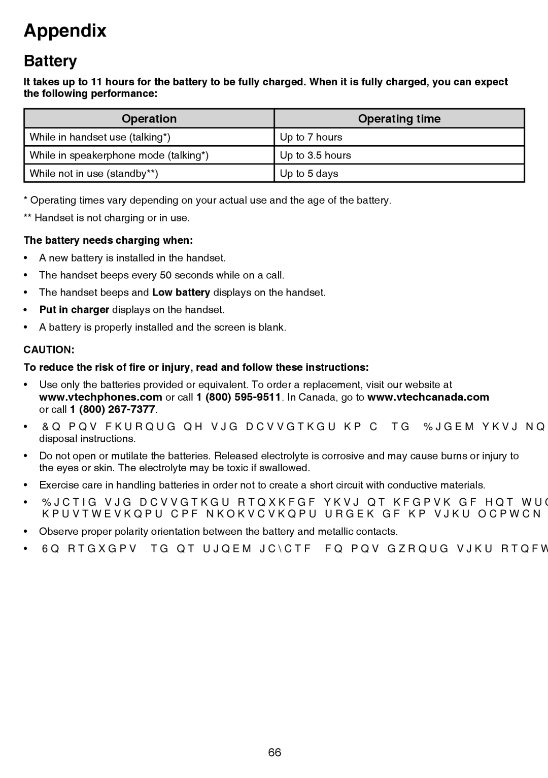 VTech CS6859-4, CS6859-3, CS6859-2 user manual Battery, Operation Operating time 