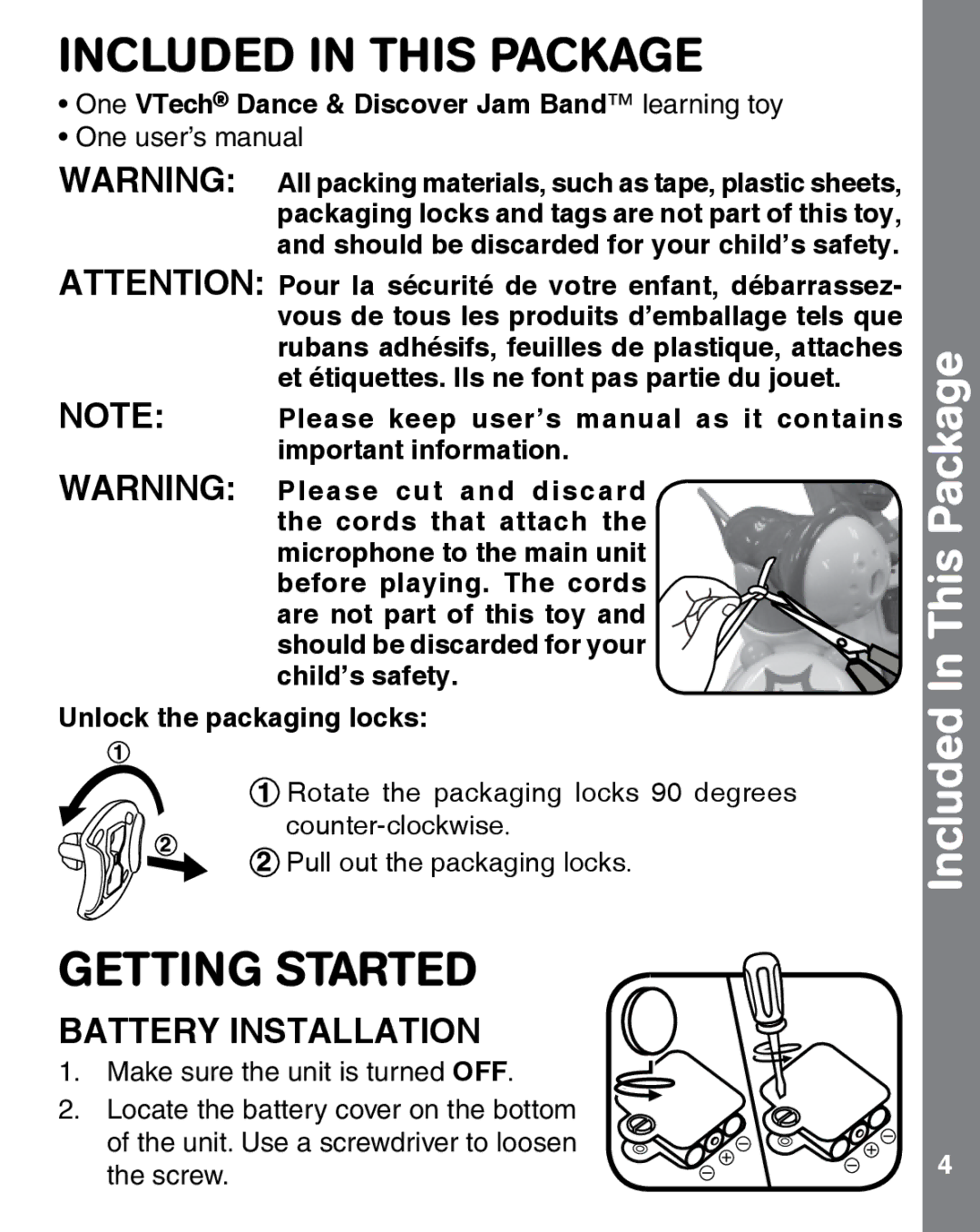 VTech dance & discover jam band Included in this Package, Getting Started, Included In This Package, Battery Installation 