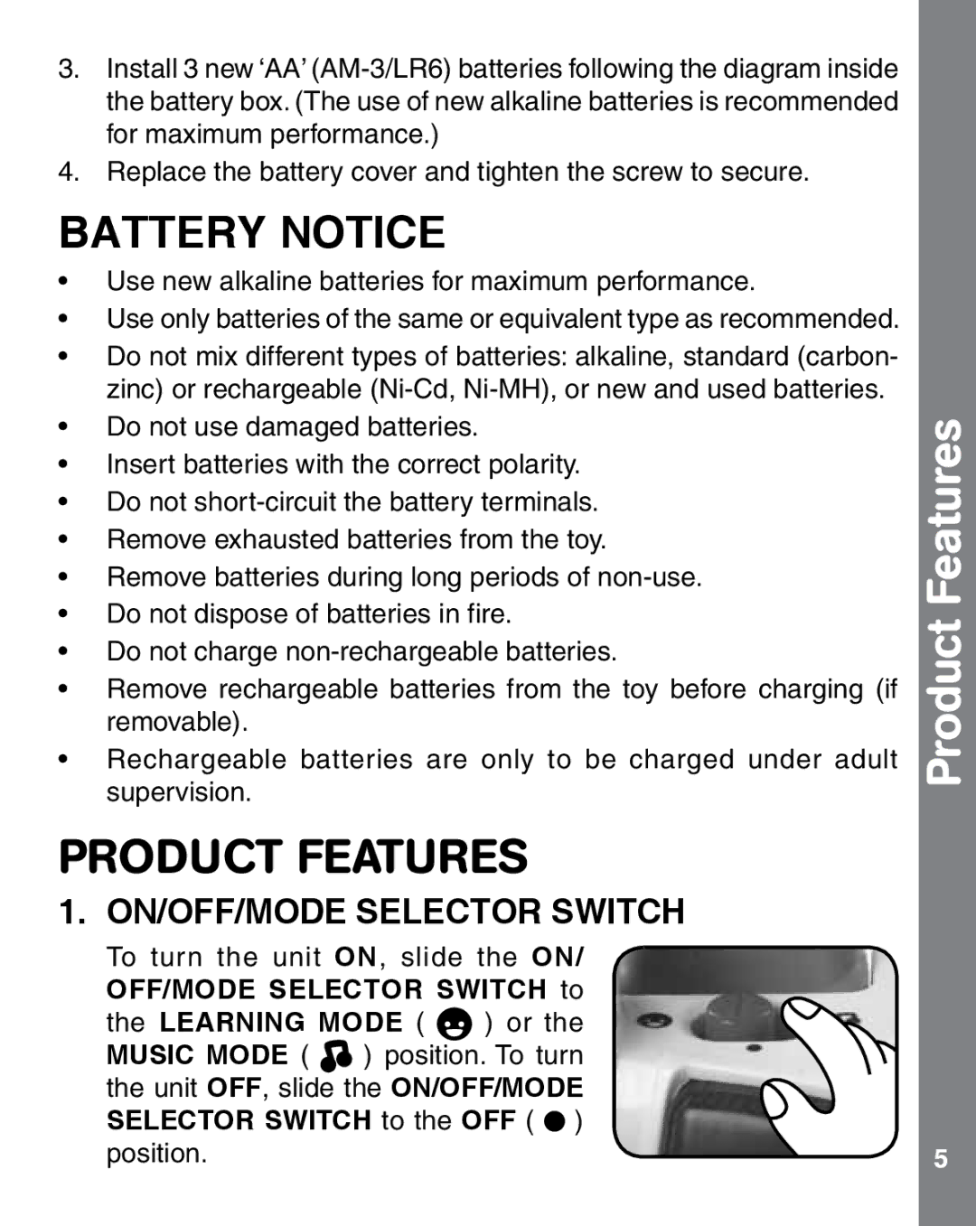 VTech dance & discover jam band user manual Product Features, ON/OFF/MODE Selector Switch 