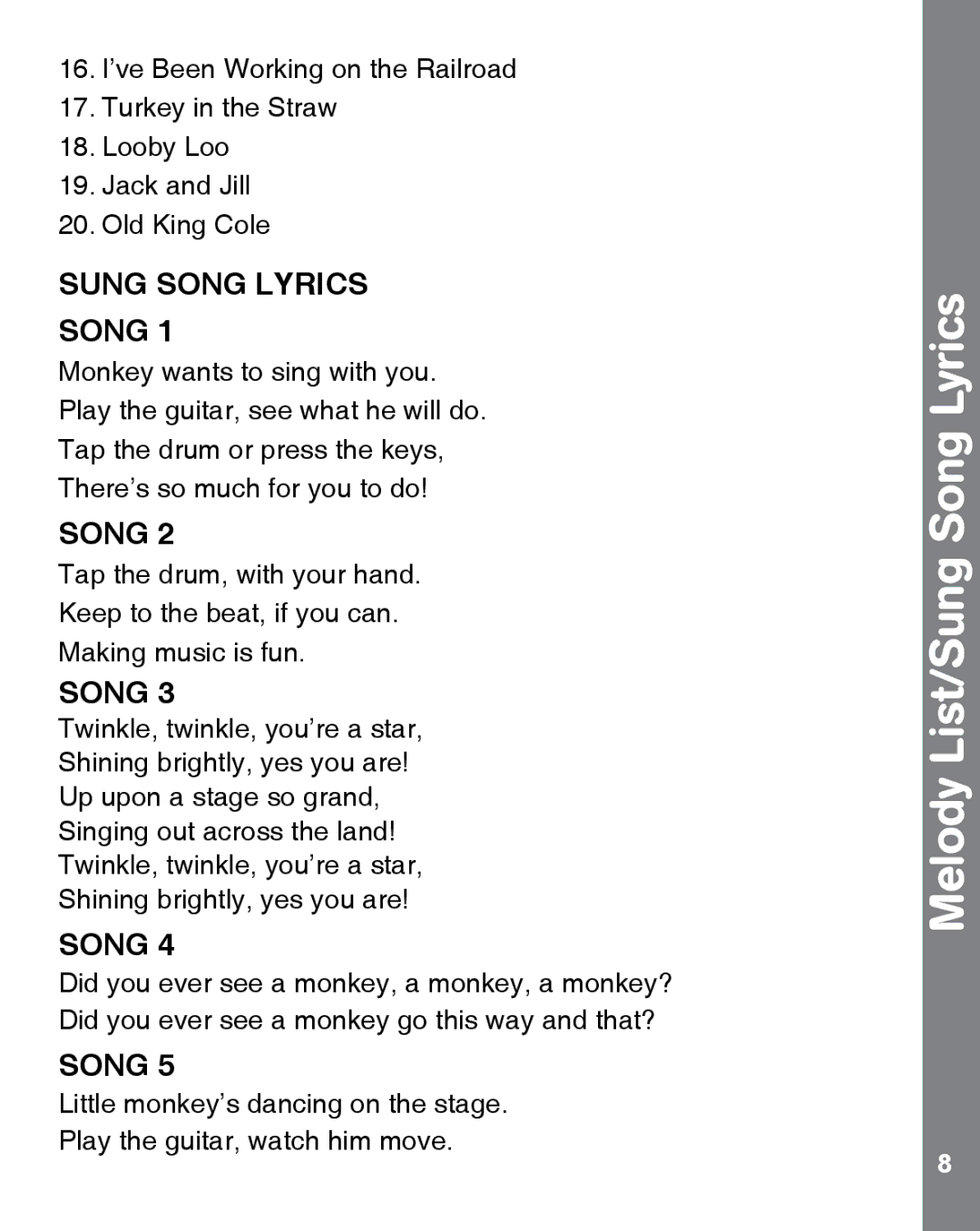 VTech dance & discover jam band user manual Melody List/Sung Song Lyrics 