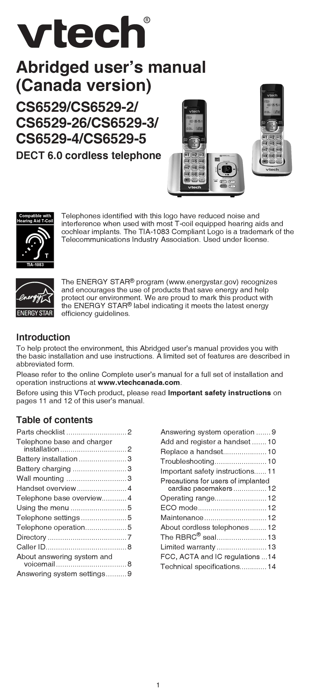 VTech dect 6.0 cordless telephone user manual Introduction, Table of contents 