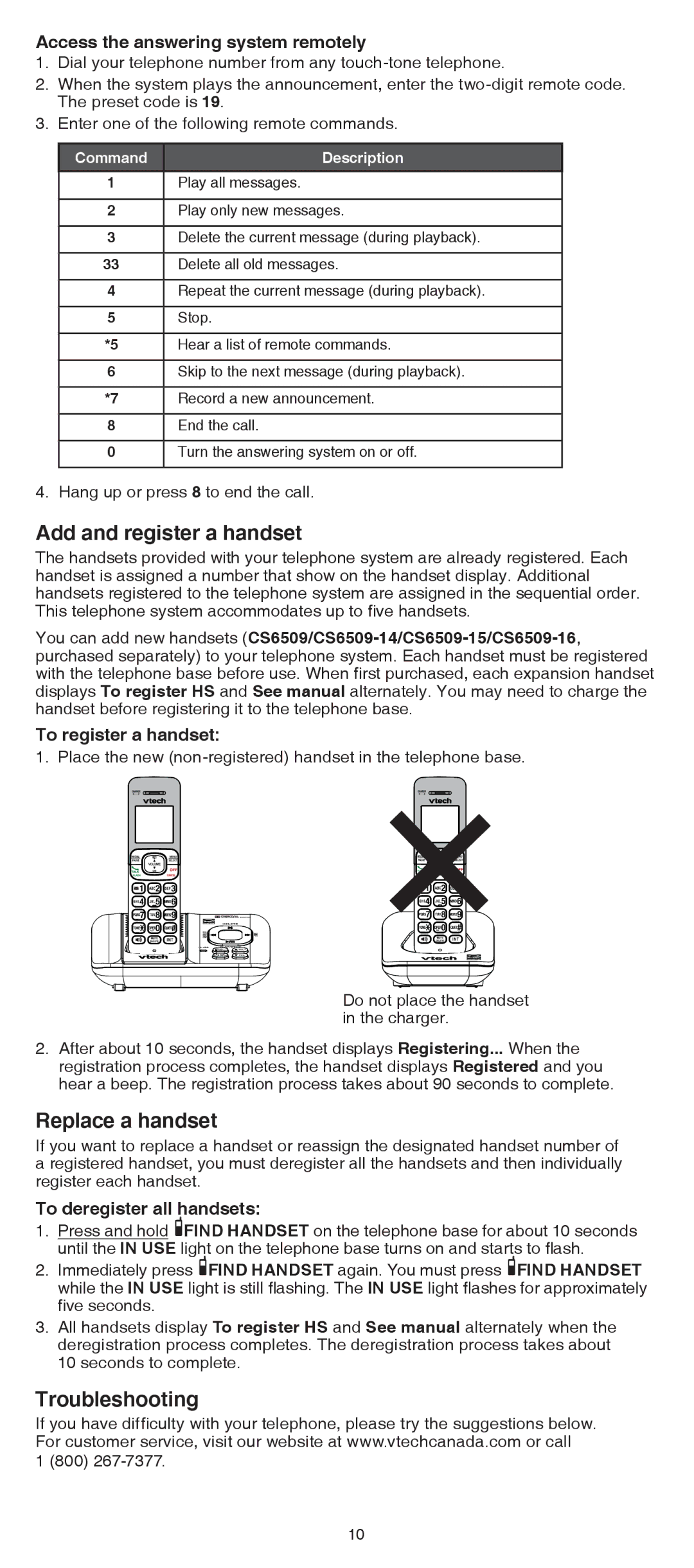 VTech dect 6.0 cordless telephone user manual Add and register a handset, Replace a handset, Troubleshooting 