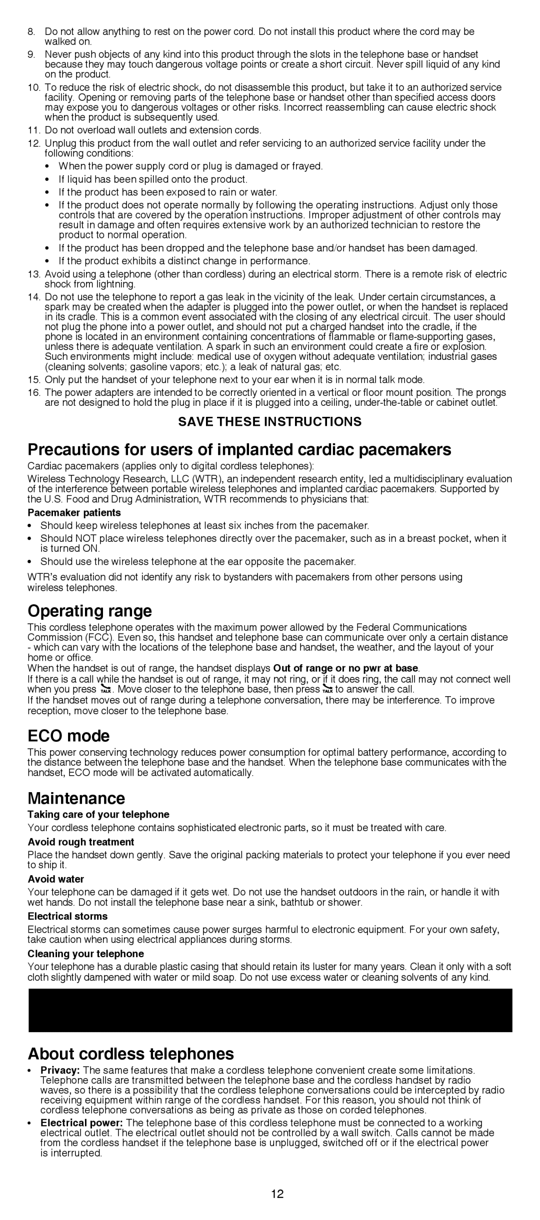 VTech dect 6.0 cordless telephone Precautions for users of implanted cardiac pacemakers, Operating range, ECO mode 