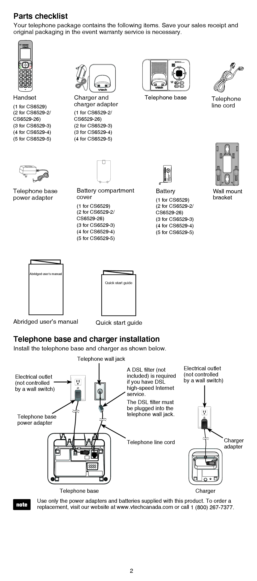 VTech dect 6.0 cordless telephone user manual Parts checklist, Telephone base and charger installation 