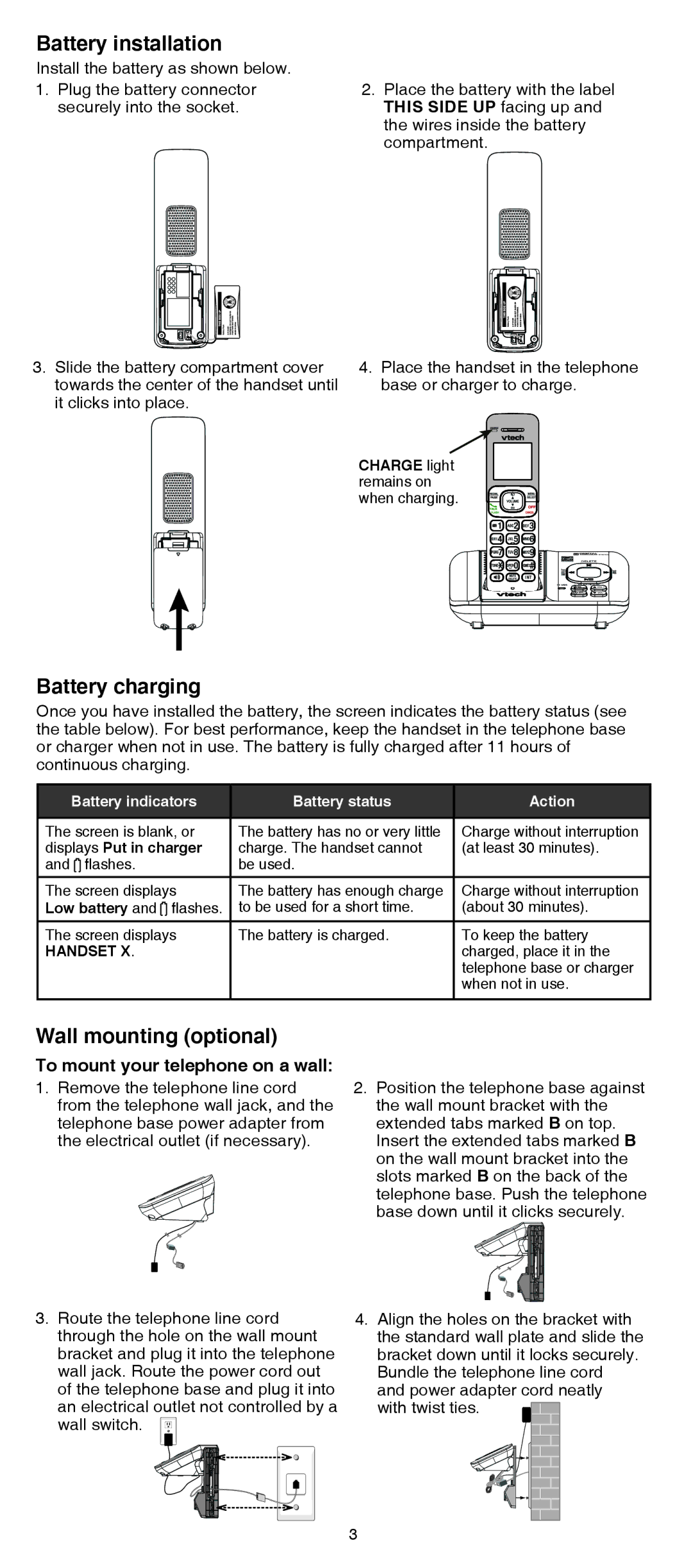 VTech dect 6.0 cordless telephone user manual Battery installation, Battery charging, Wall mounting optional 