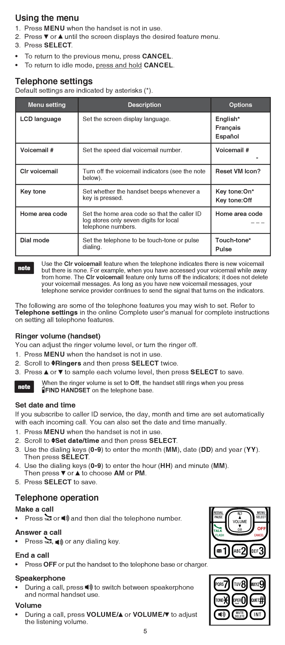 VTech dect 6.0 cordless telephone user manual Using the menu, Telephone settings, Telephone operation 