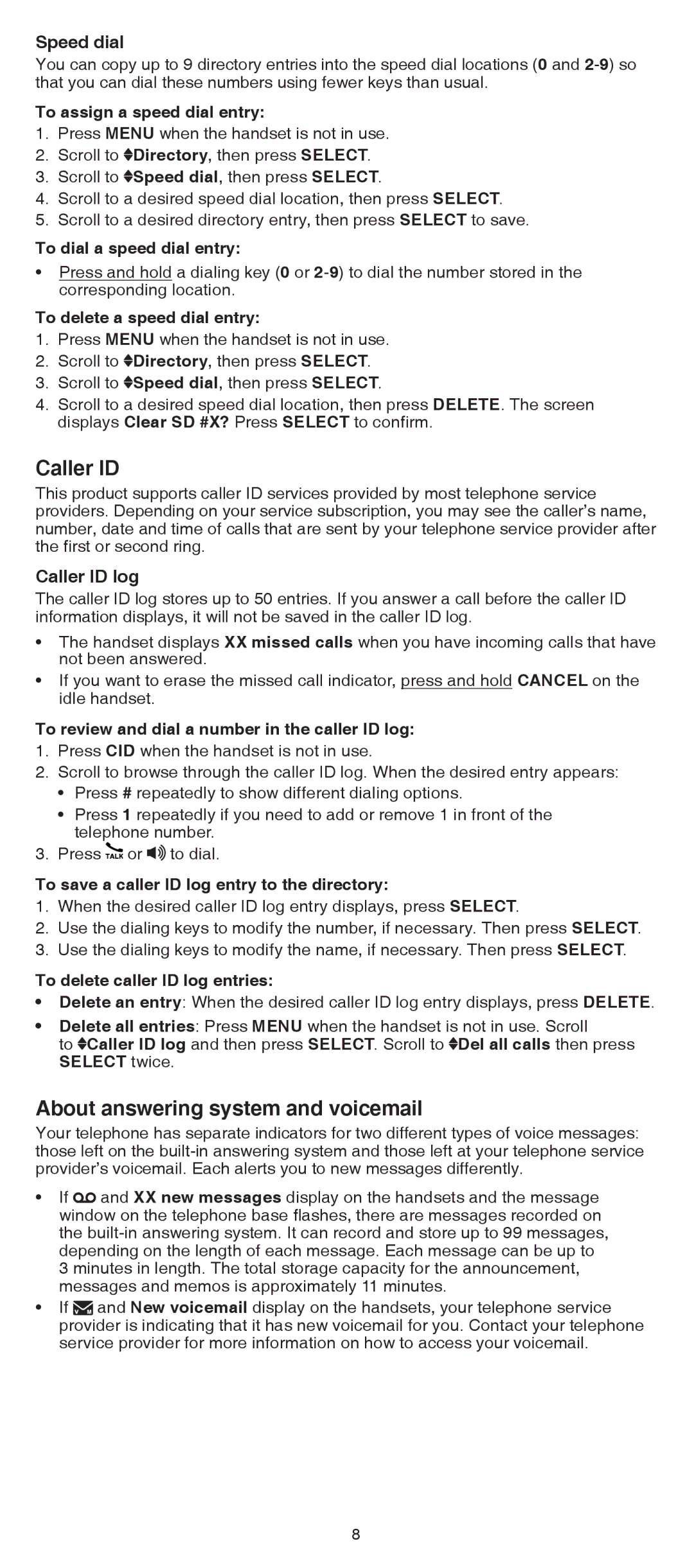 VTech dect 6.0 cordless telephone user manual About answering system and voicemail, Speed dial, Caller ID log 