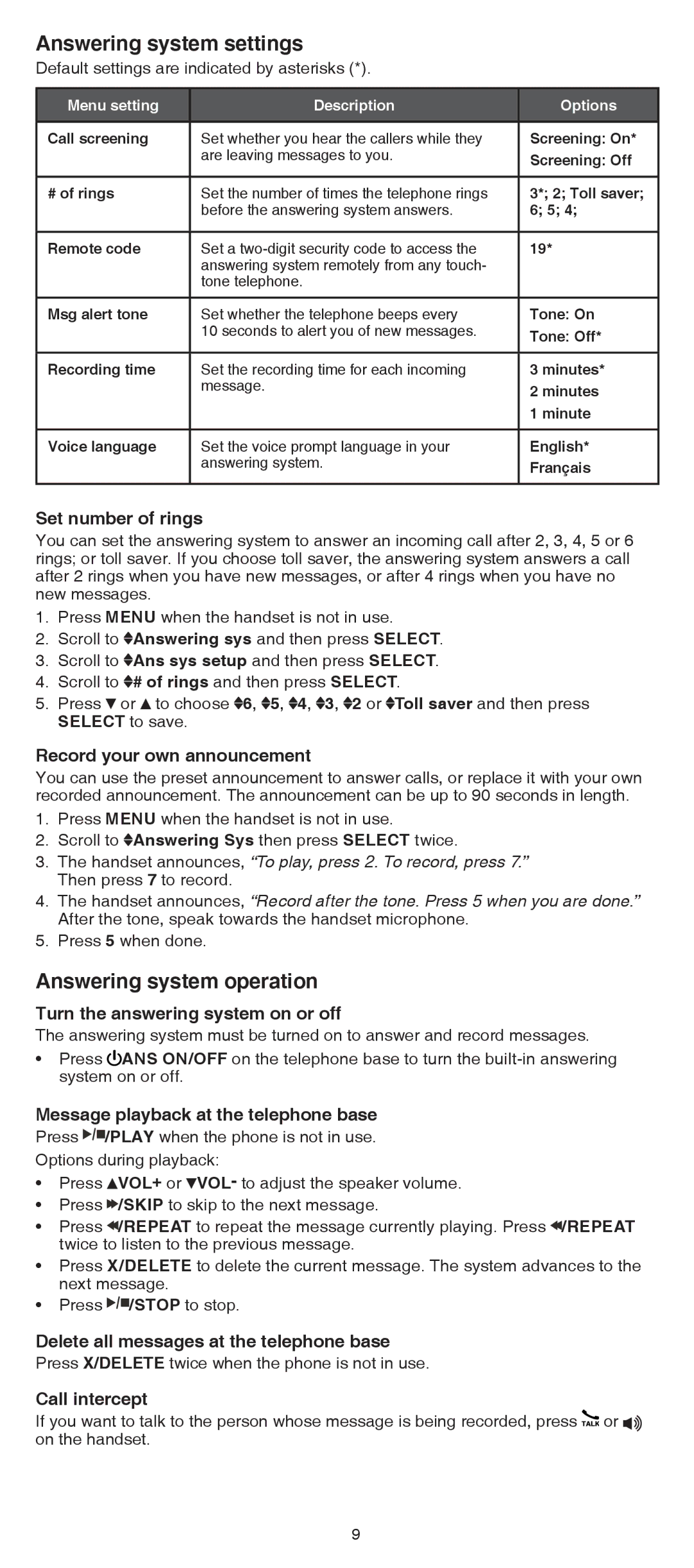 VTech dect 6.0 cordless telephone user manual Answering system settings, Answering system operation 