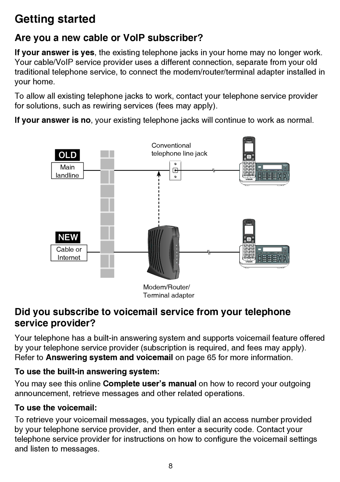 VTech dect 6.0 Are you a new cable or VoIP subscriber?, To use the built-in answering system, To use the voicemail 