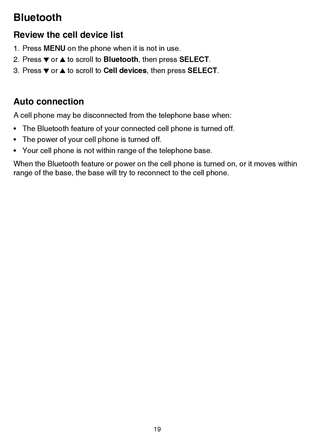 VTech dect 6.0 user manual Review the cell device list, Auto connection 