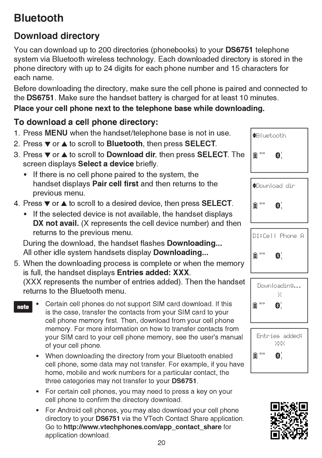 VTech dect 6.0 user manual Download directory, To download a cell phone directory 