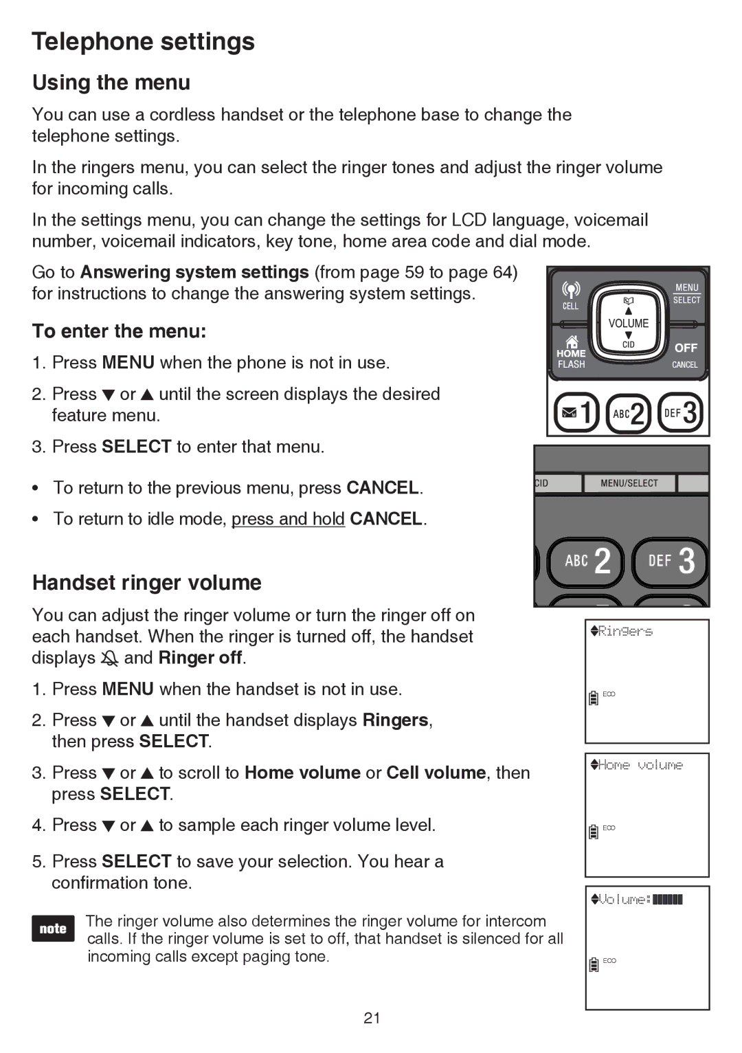 VTech dect 6.0 user manual Telephone settings, Using the menu, Handset ringer volume, To enter the menu 