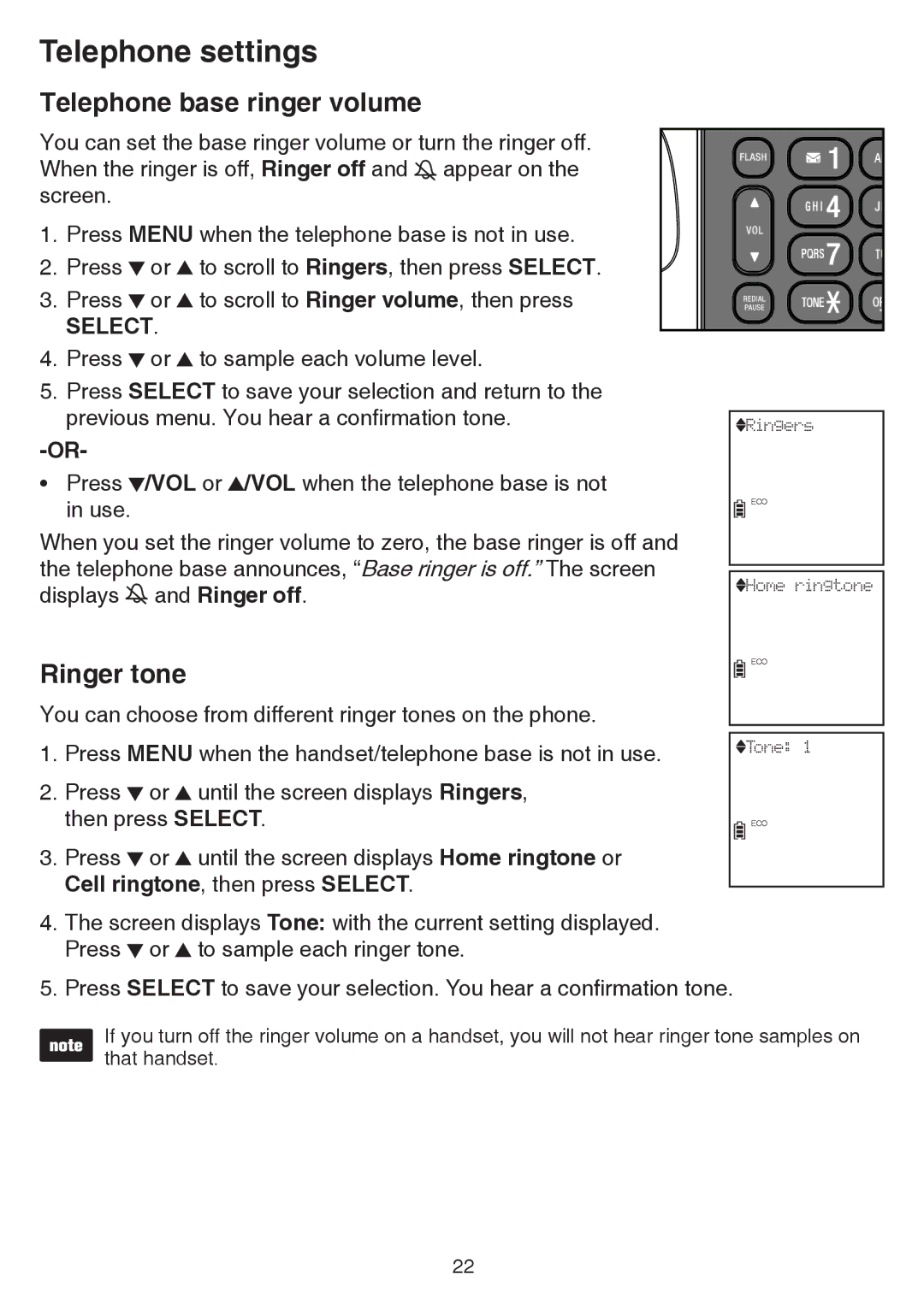 VTech dect 6.0 user manual Telephone base ringer volume, Ringer tone, Ringer off 