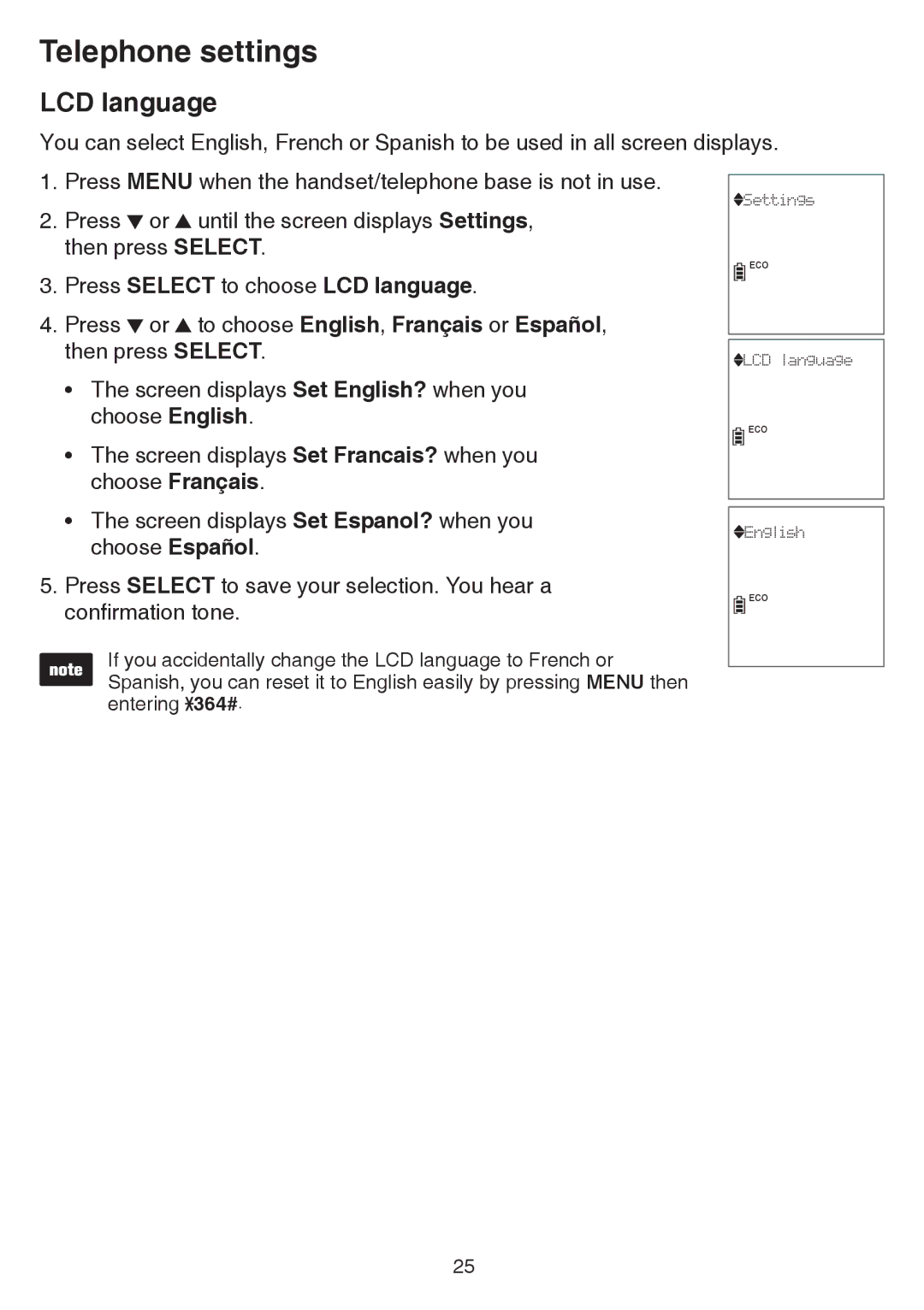 VTech dect 6.0 user manual Press Select to choose LCD language 