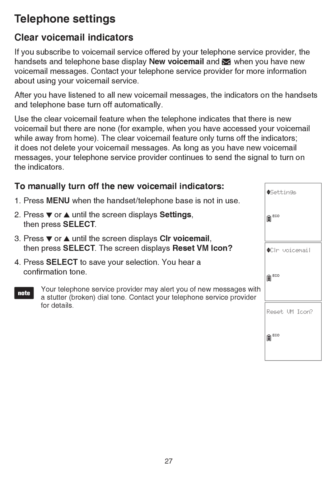 VTech dect 6.0 user manual Clear voicemail indicators, To manually turn off the new voicemail indicators 