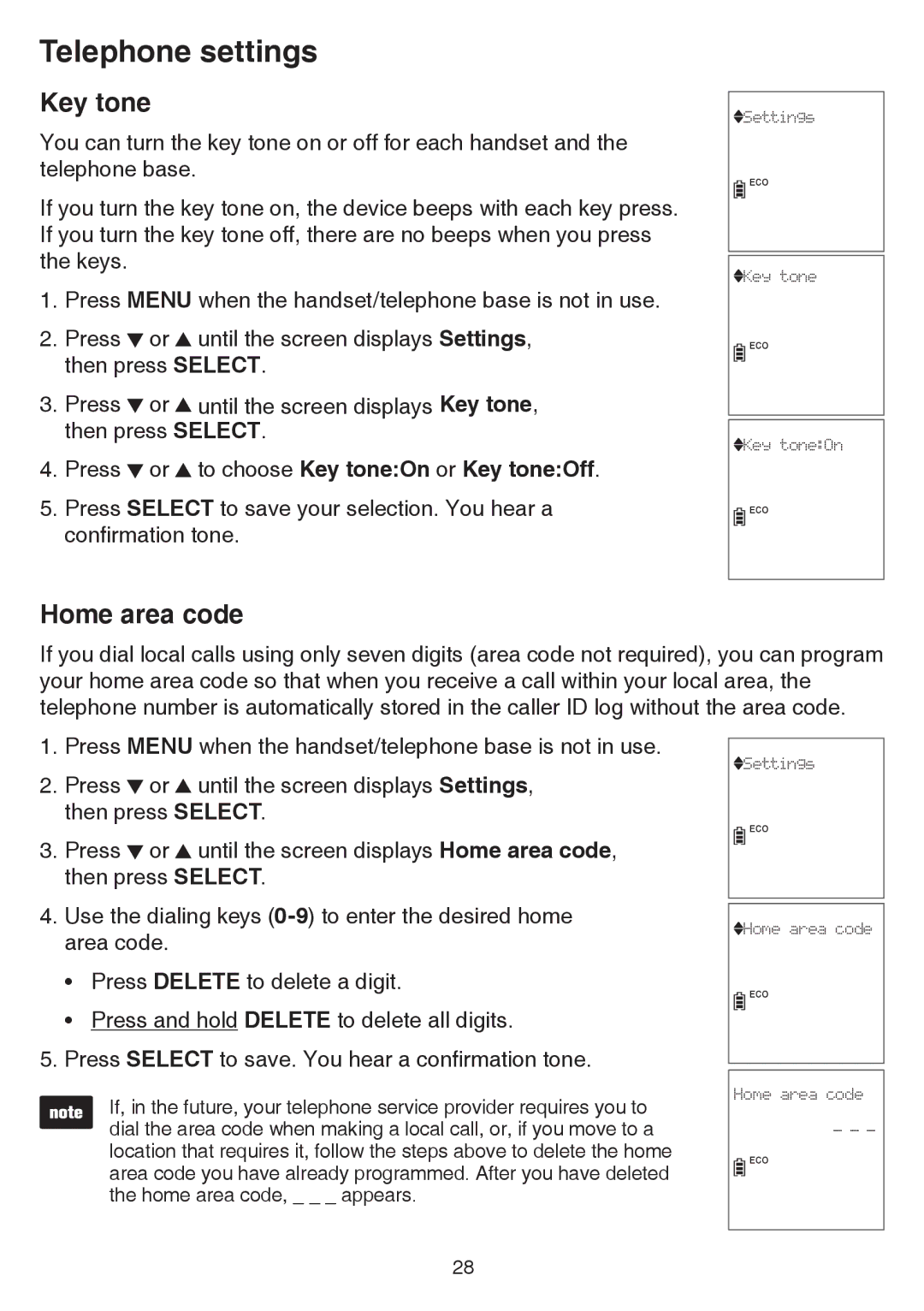 VTech dect 6.0 user manual Key tone, Home area code 