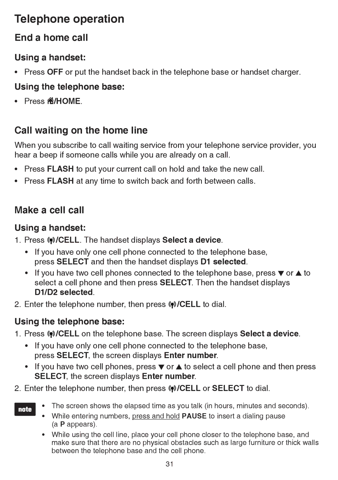 VTech dect 6.0 user manual End a home call, Call waiting on the home line, Make a cell call 