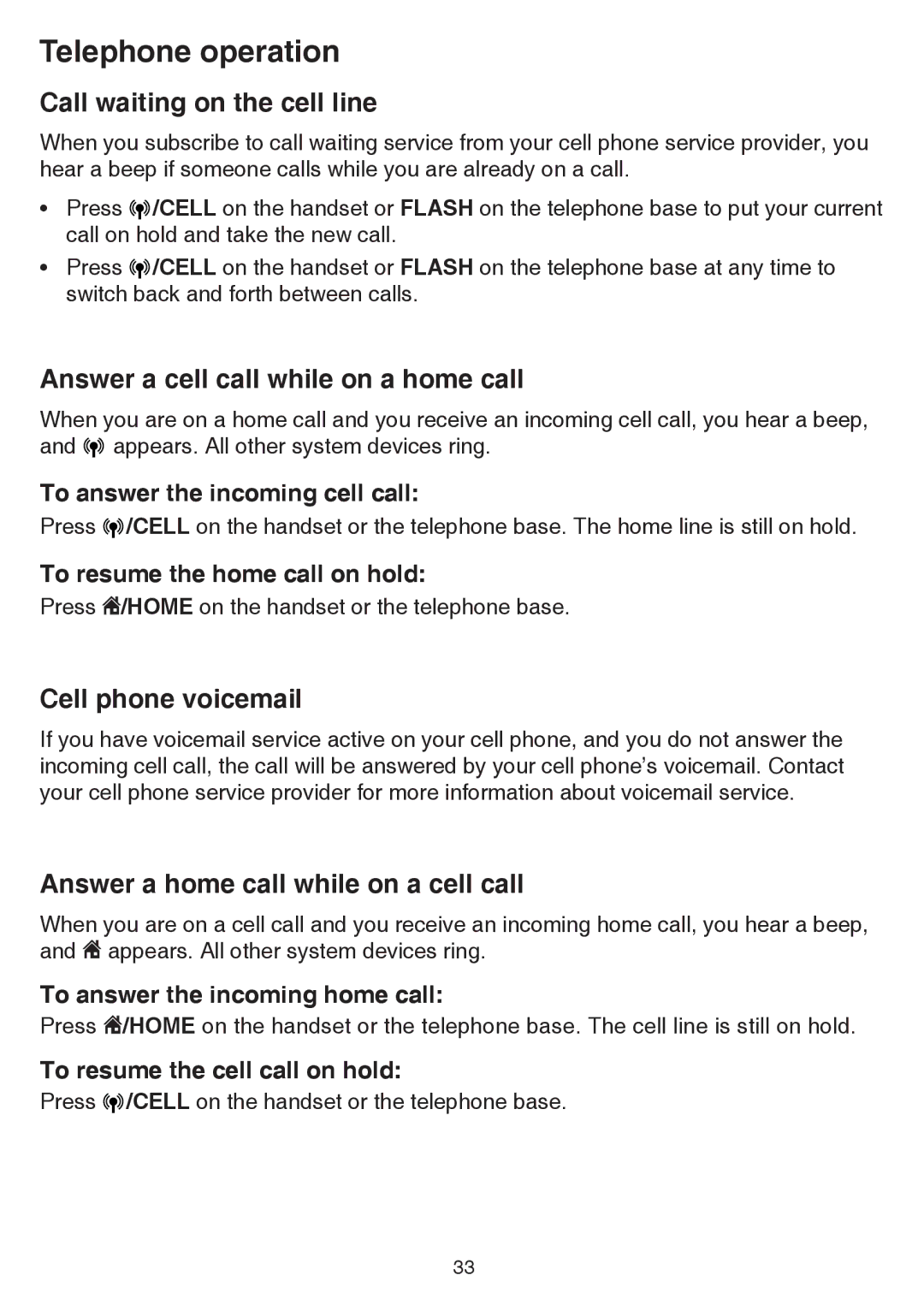 VTech dect 6.0 user manual Call waiting on the cell line, Answer a cell call while on a home call, Cell phone voicemail 