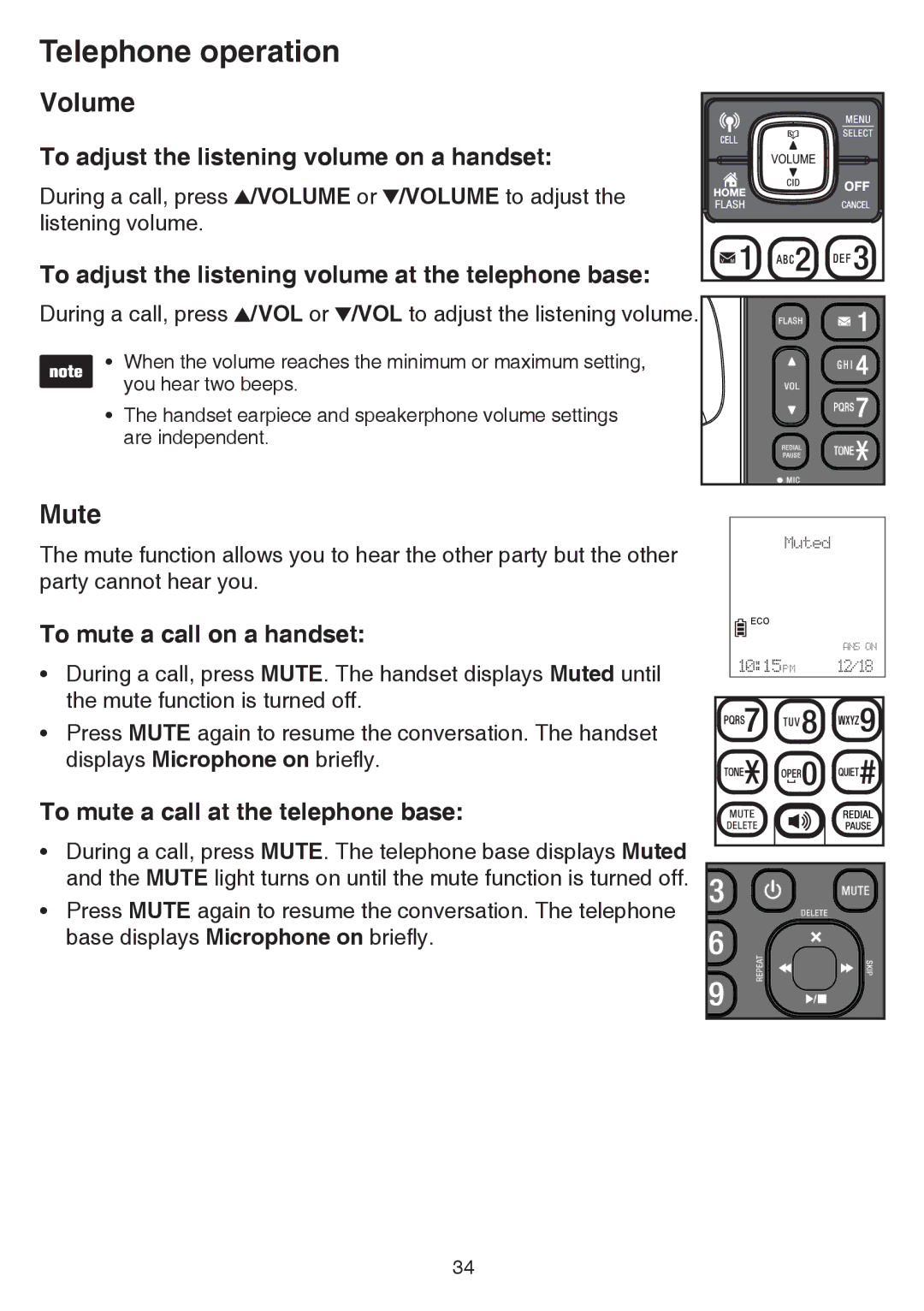 VTech dect 6.0 user manual Volume, Mute 