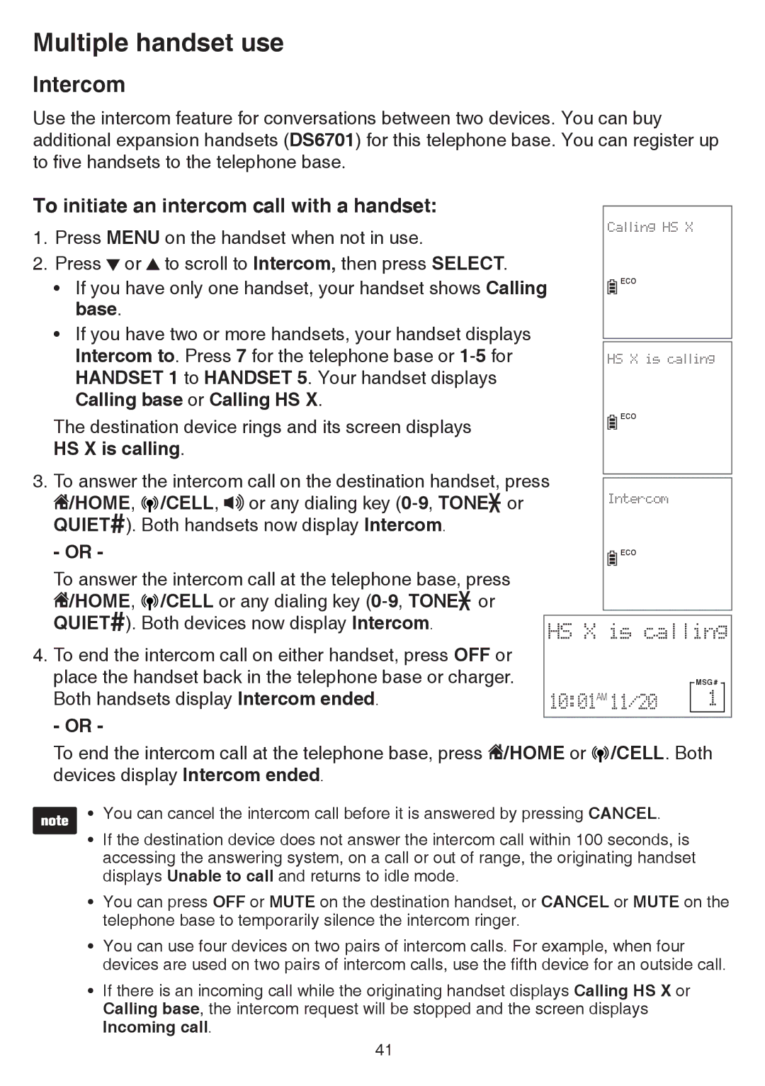 VTech dect 6.0 Intercom, To initiate an intercom call with a handset, Base, Calling base or Calling HS, HS X is calling 