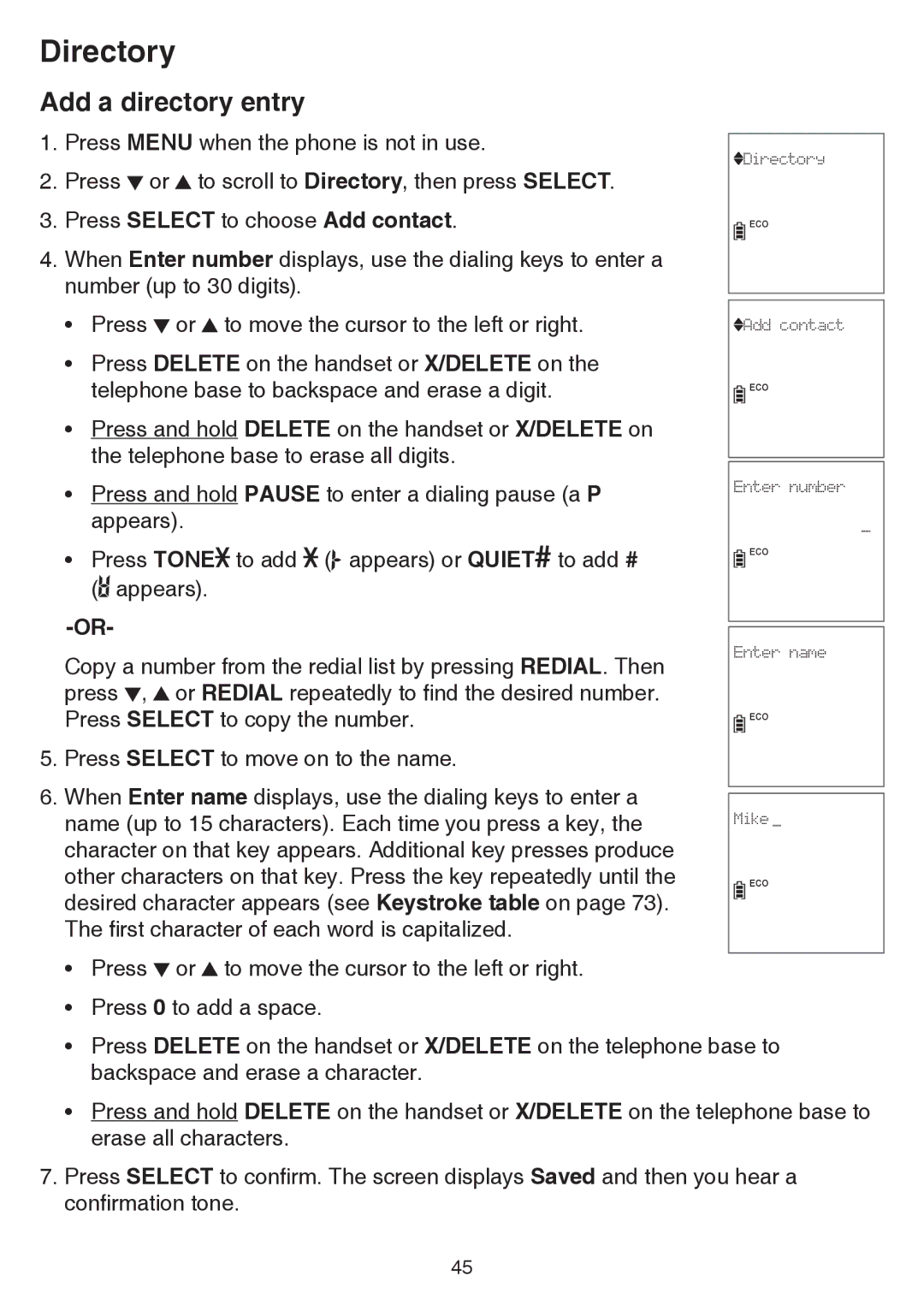 VTech dect 6.0 user manual Add a directory entry, Press Select to choose Add contact 