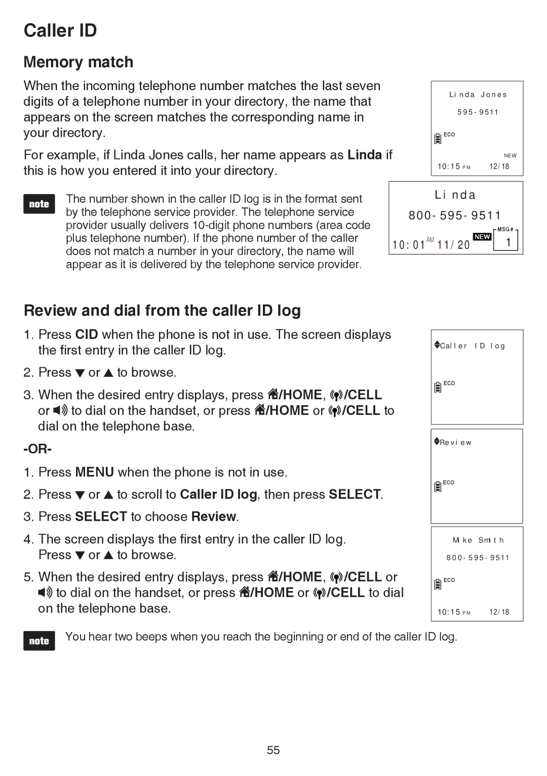 VTech dect 6.0 user manual Memory match, Review and dial from the caller ID log, Home or Cell to, Cell or 