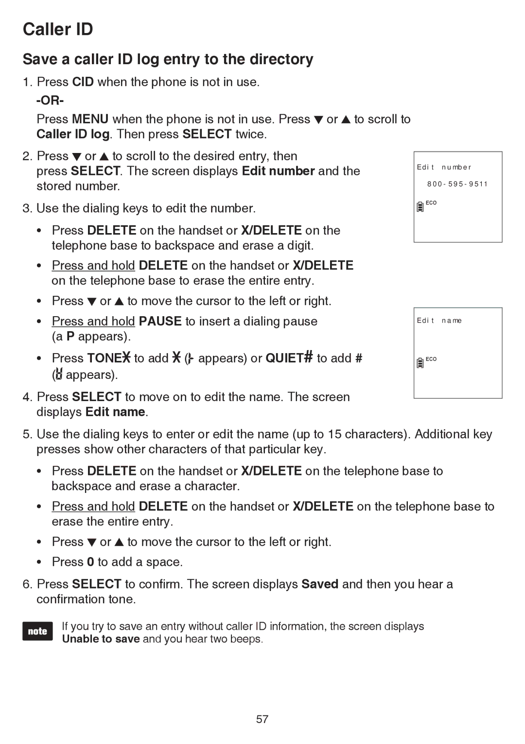 VTech dect 6.0 user manual Save a caller ID log entry to the directory 