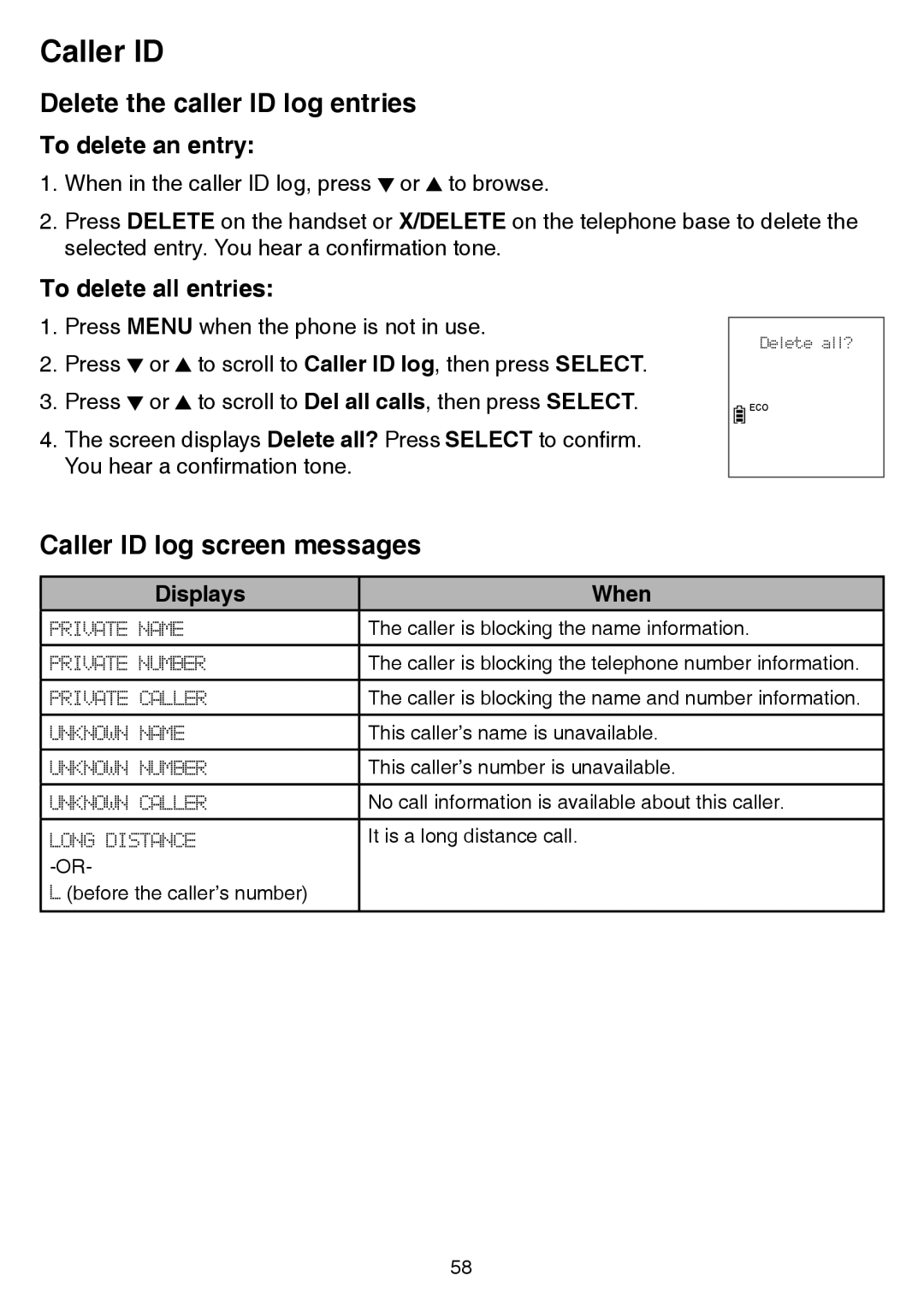 VTech dect 6.0 Delete the caller ID log entries, Caller ID log screen messages, To delete an entry, Displays When 