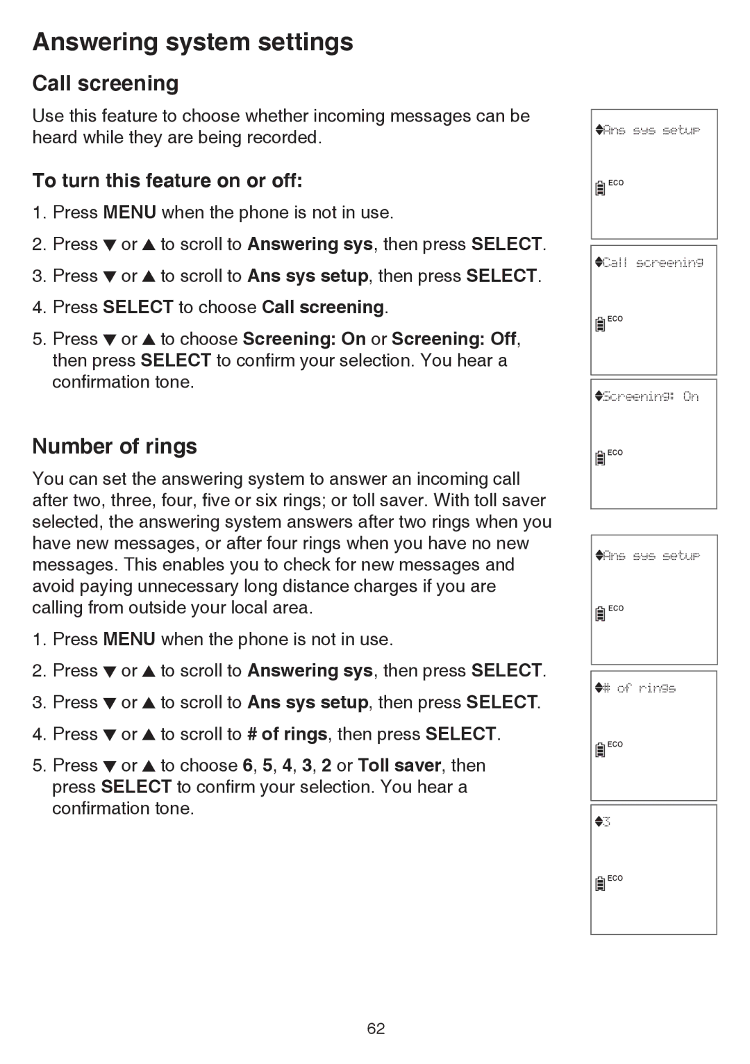 VTech dect 6.0 user manual Call screening, Number of rings, To turn this feature on or off 